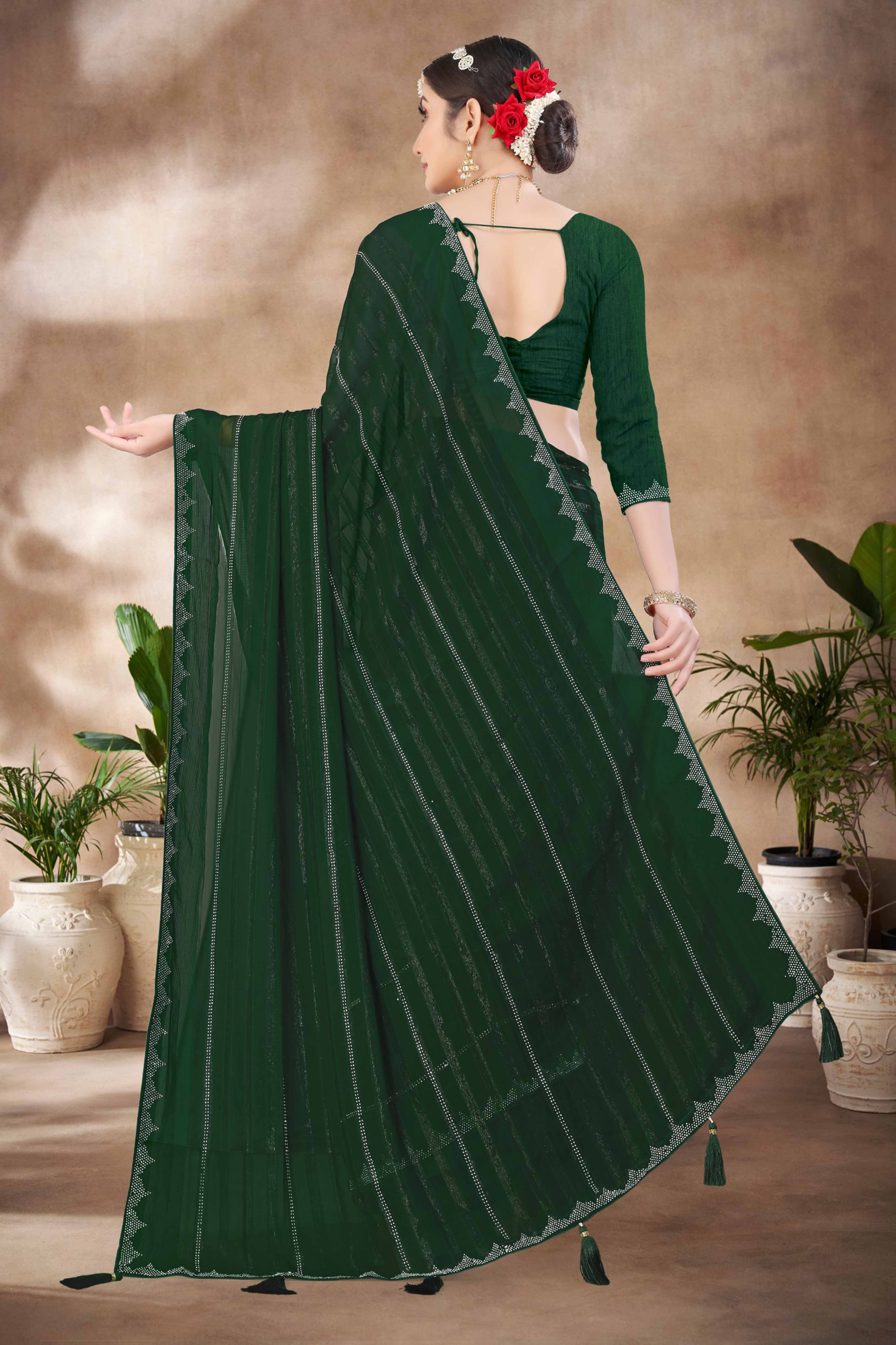Green Chiffon Party Saree Featuring Delicate Stone Embellishments - Image 5