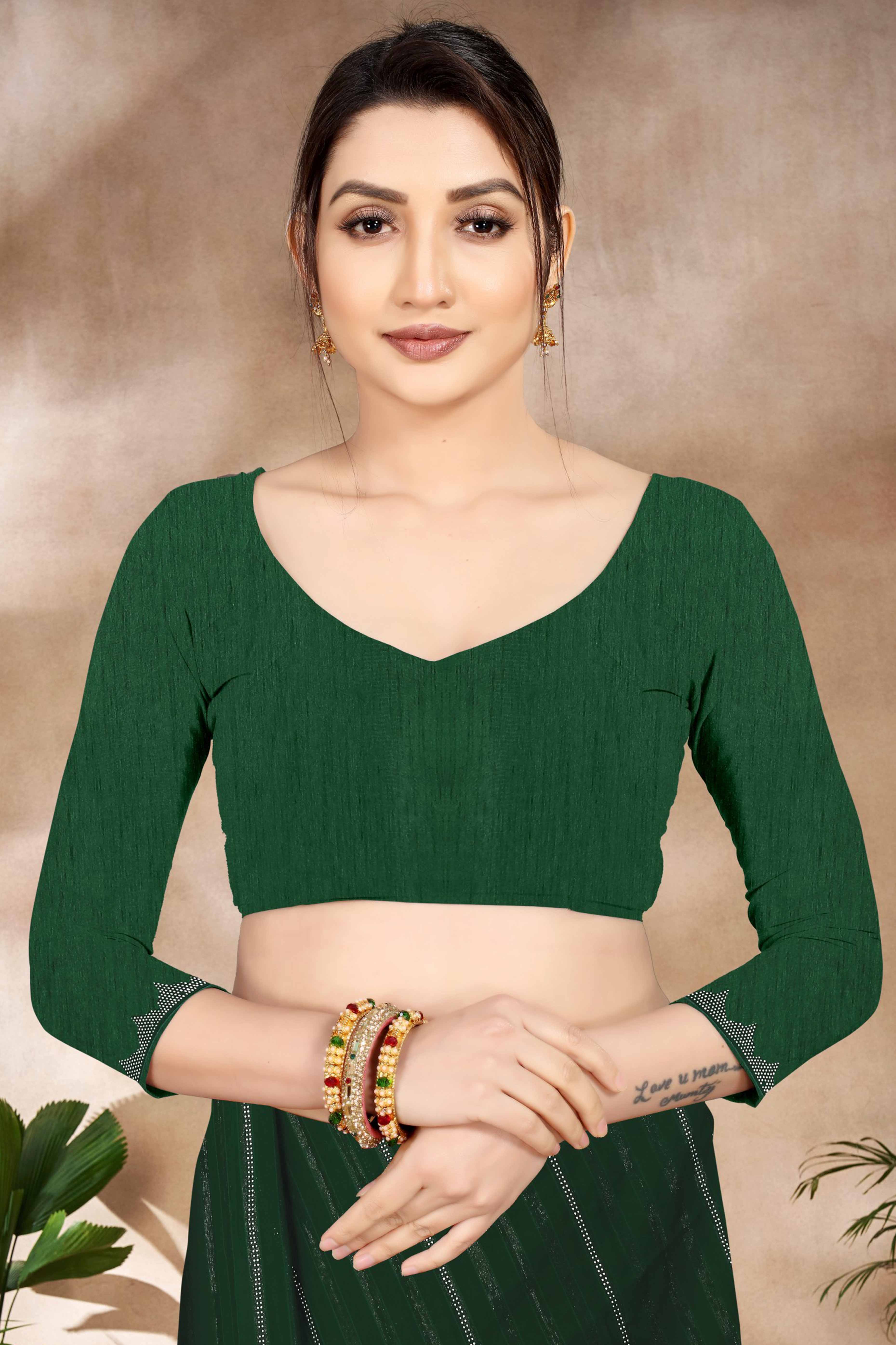 Green Chiffon Party Saree Featuring Delicate Stone Embellishments - Image 6