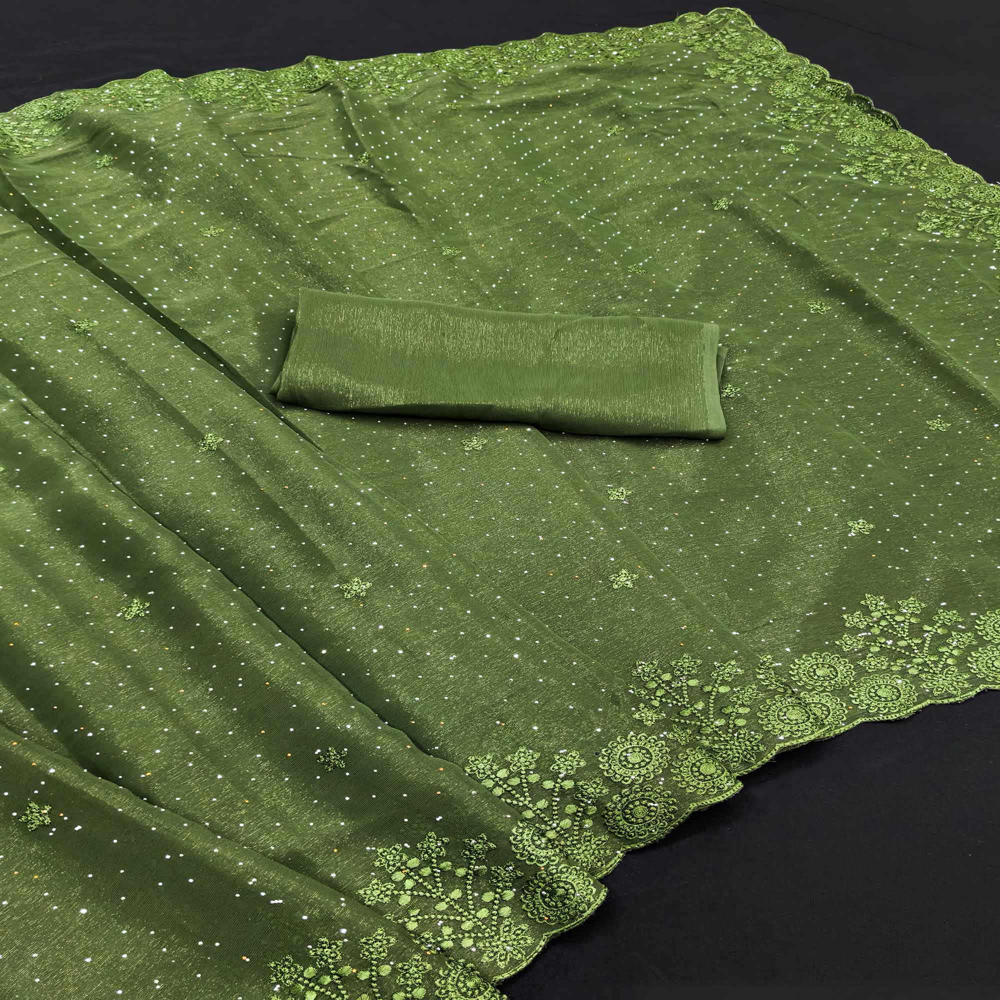 Green Chiffon Saree Featuring Delicate Floral Embroidery & Shimmering Stone Work - Image 3