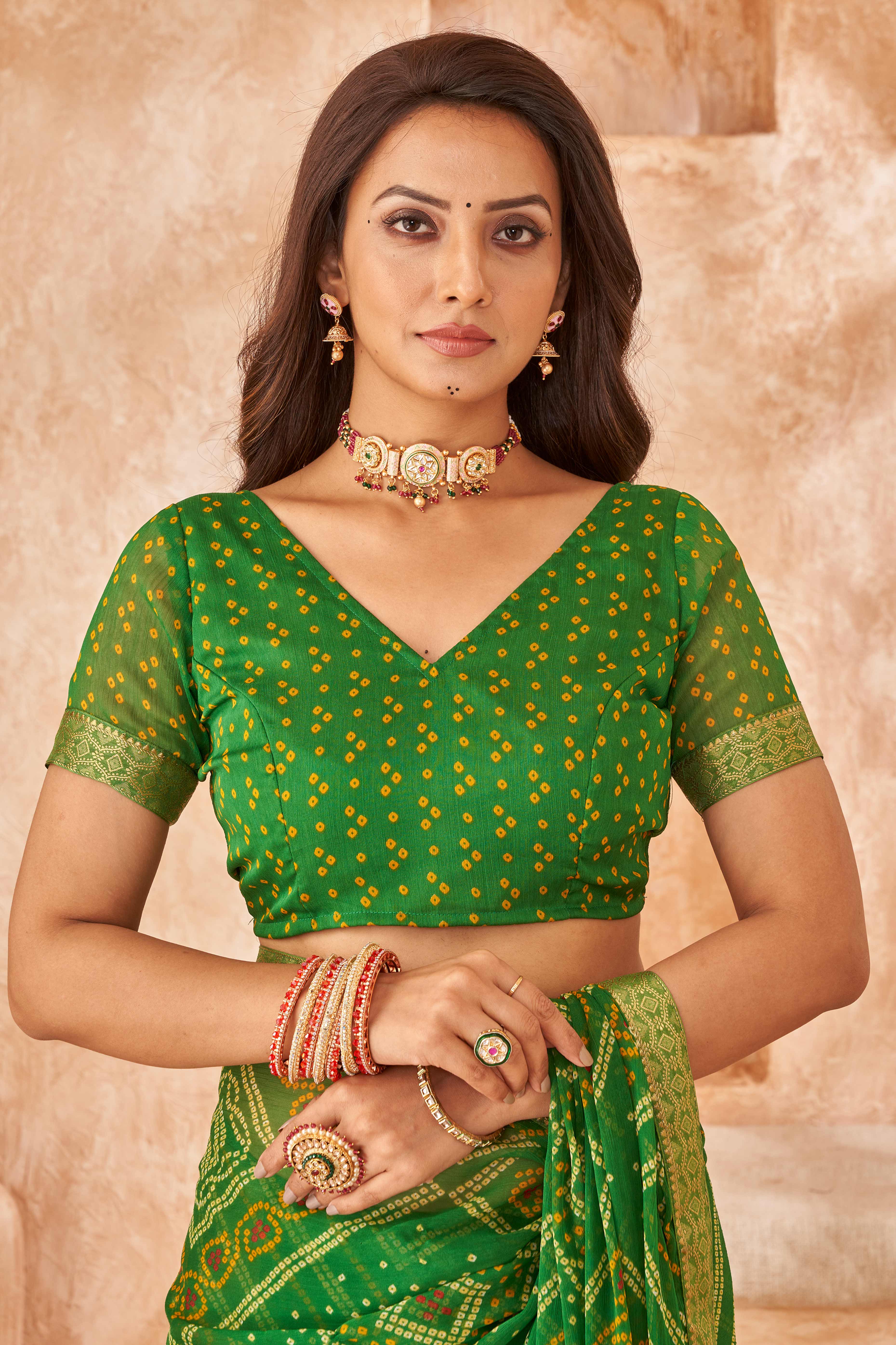 Green Chiffon Saree Featuring Traditional Bandhani Prints & A Graceful Lace Edge - Image 4