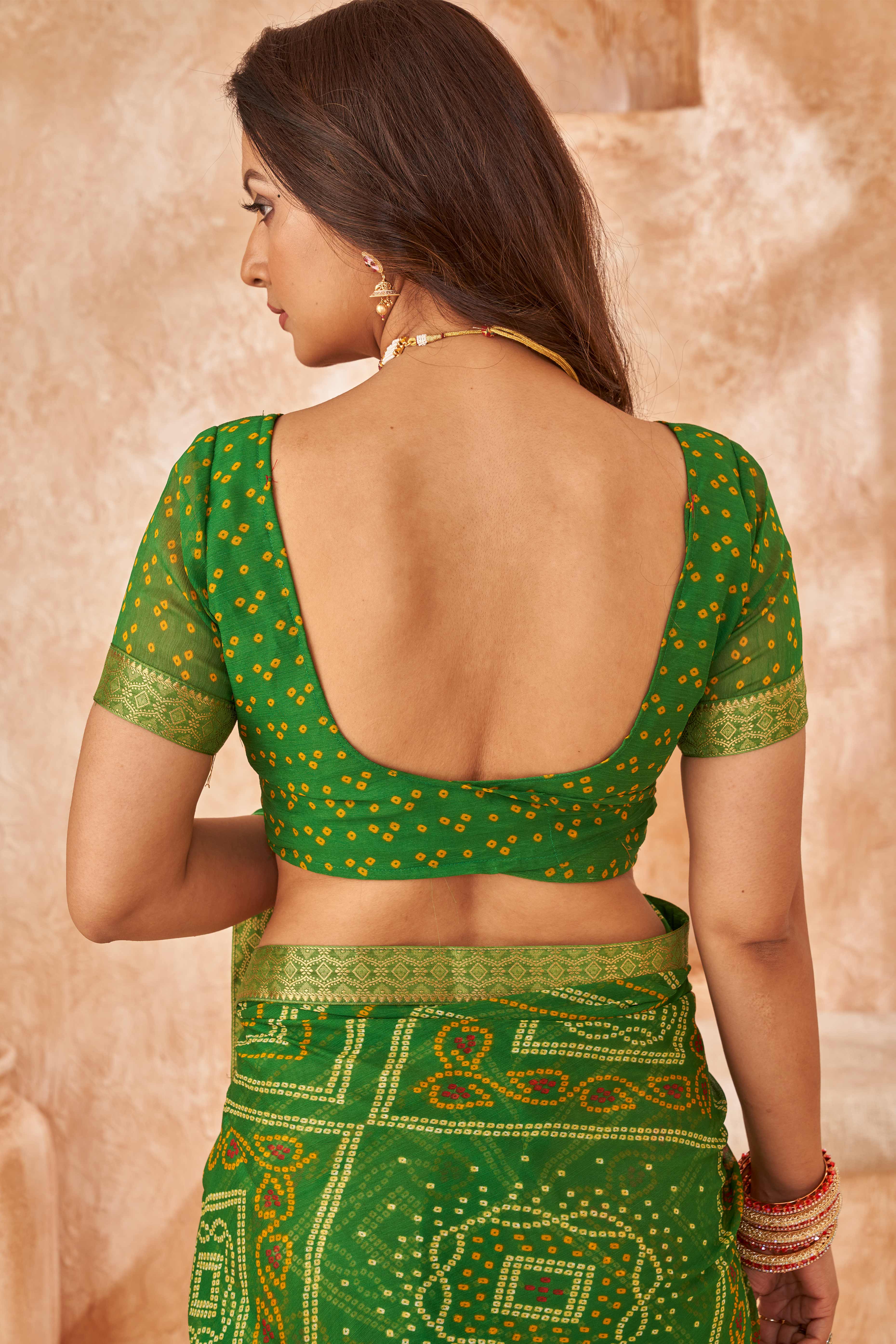 Green Chiffon Saree Featuring Traditional Bandhani Prints & A Graceful Lace Edge - Image 5