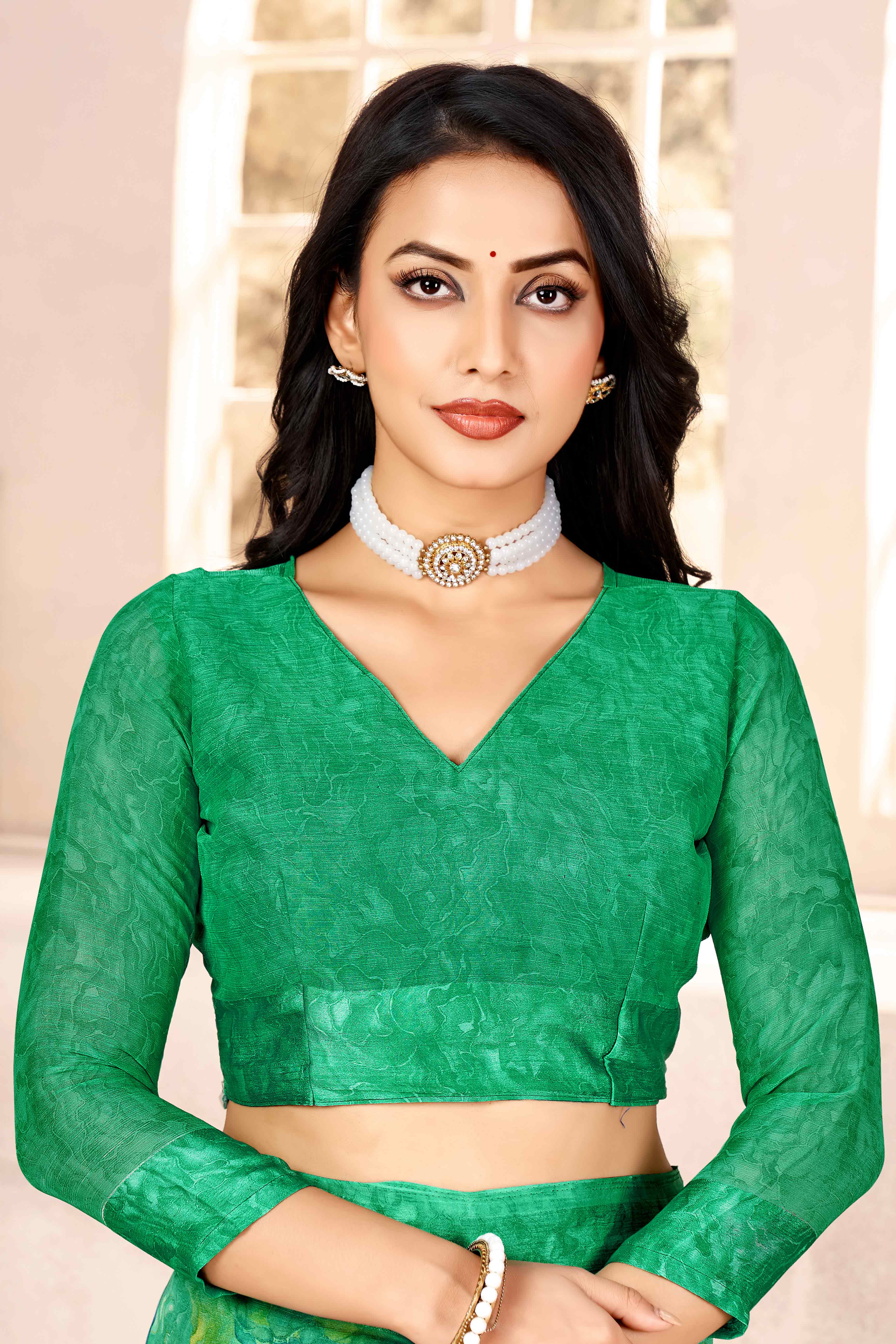 Green Chiffon Saree With Delicate Floral Prints & Elegant Woven Border - Image 3