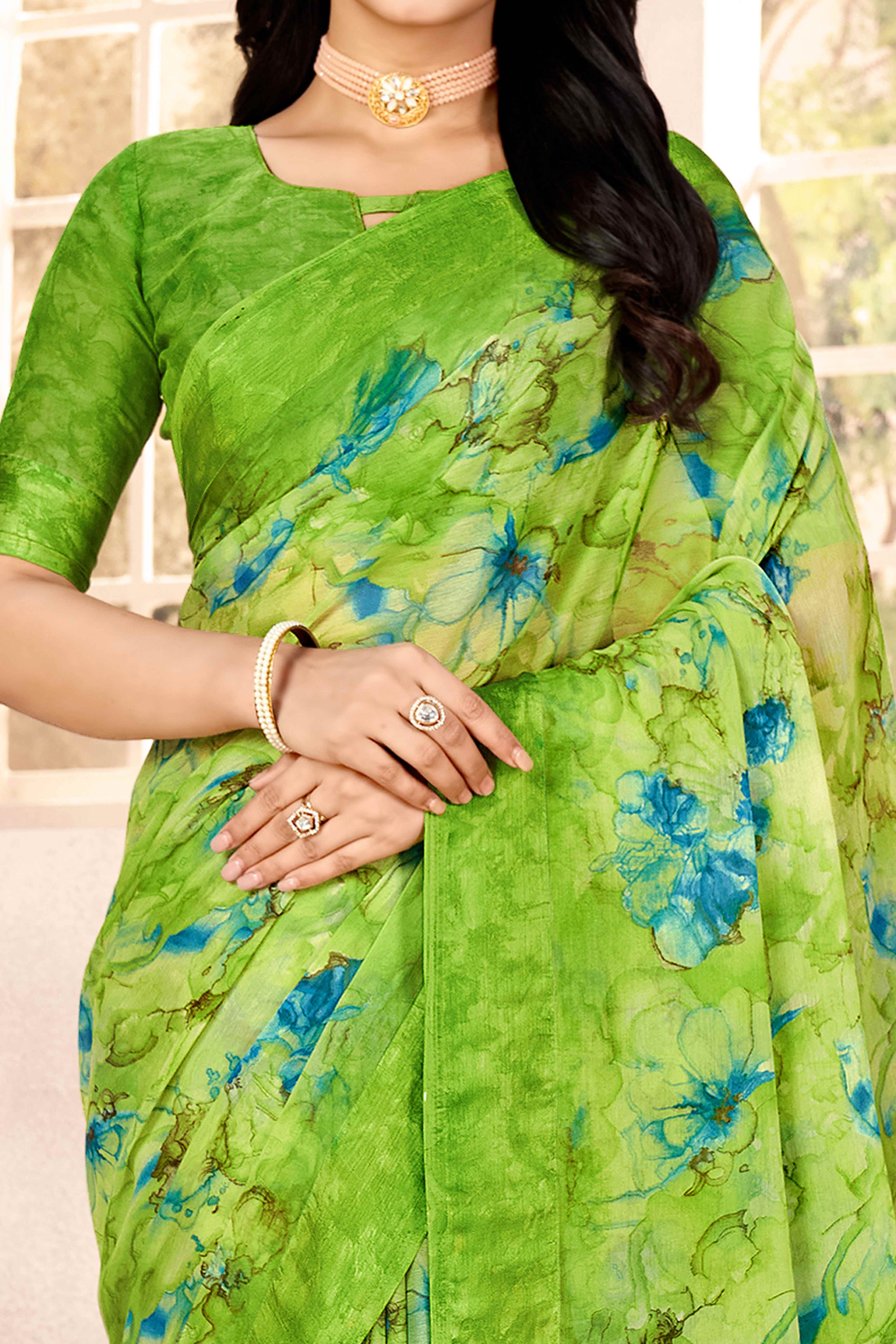 Green Chiffon Saree With Delicate Floral Prints & Elegant Woven Border - Image 2