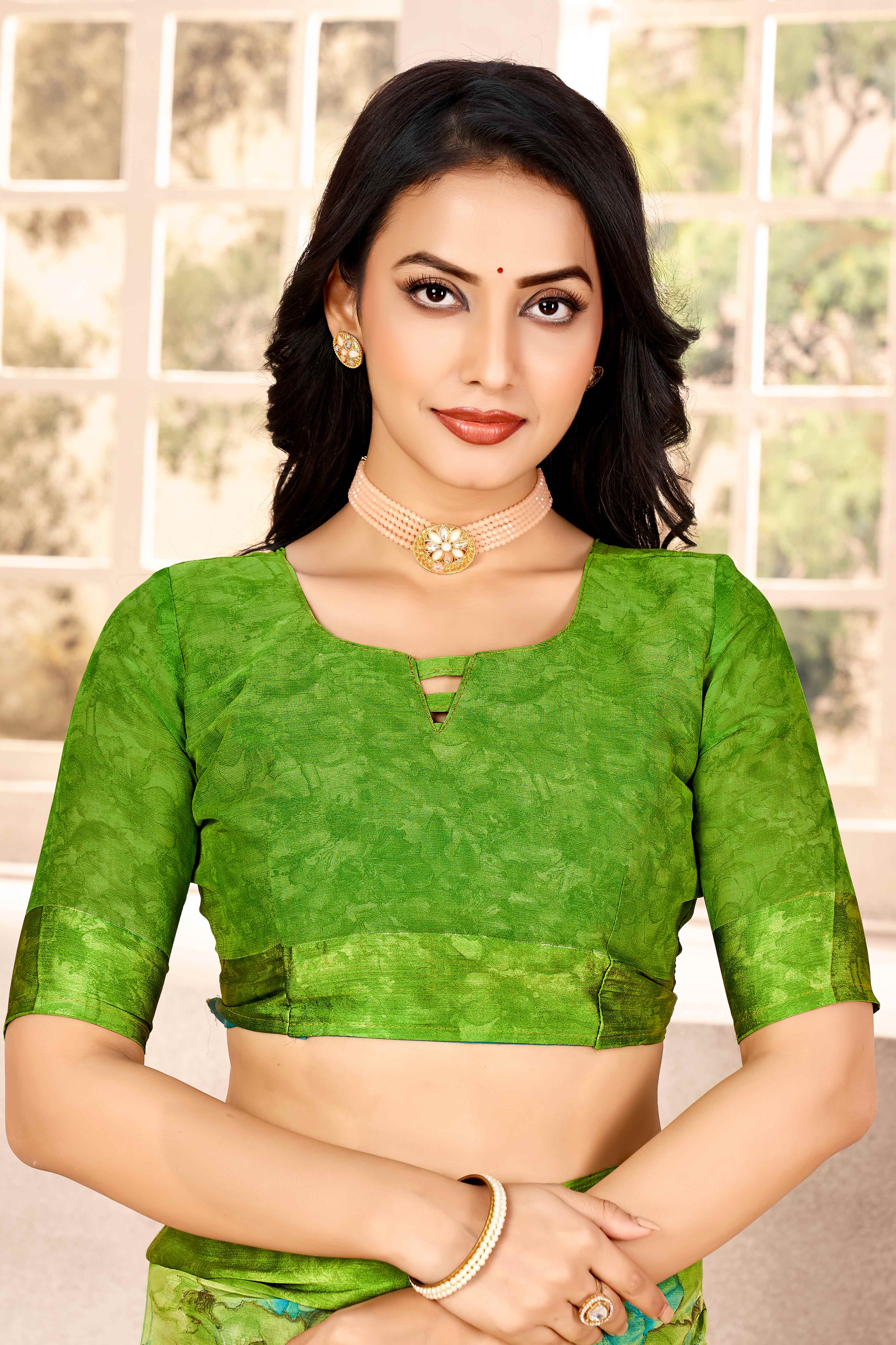 Green Chiffon Saree With Delicate Floral Prints & Elegant Woven Border - Image 3