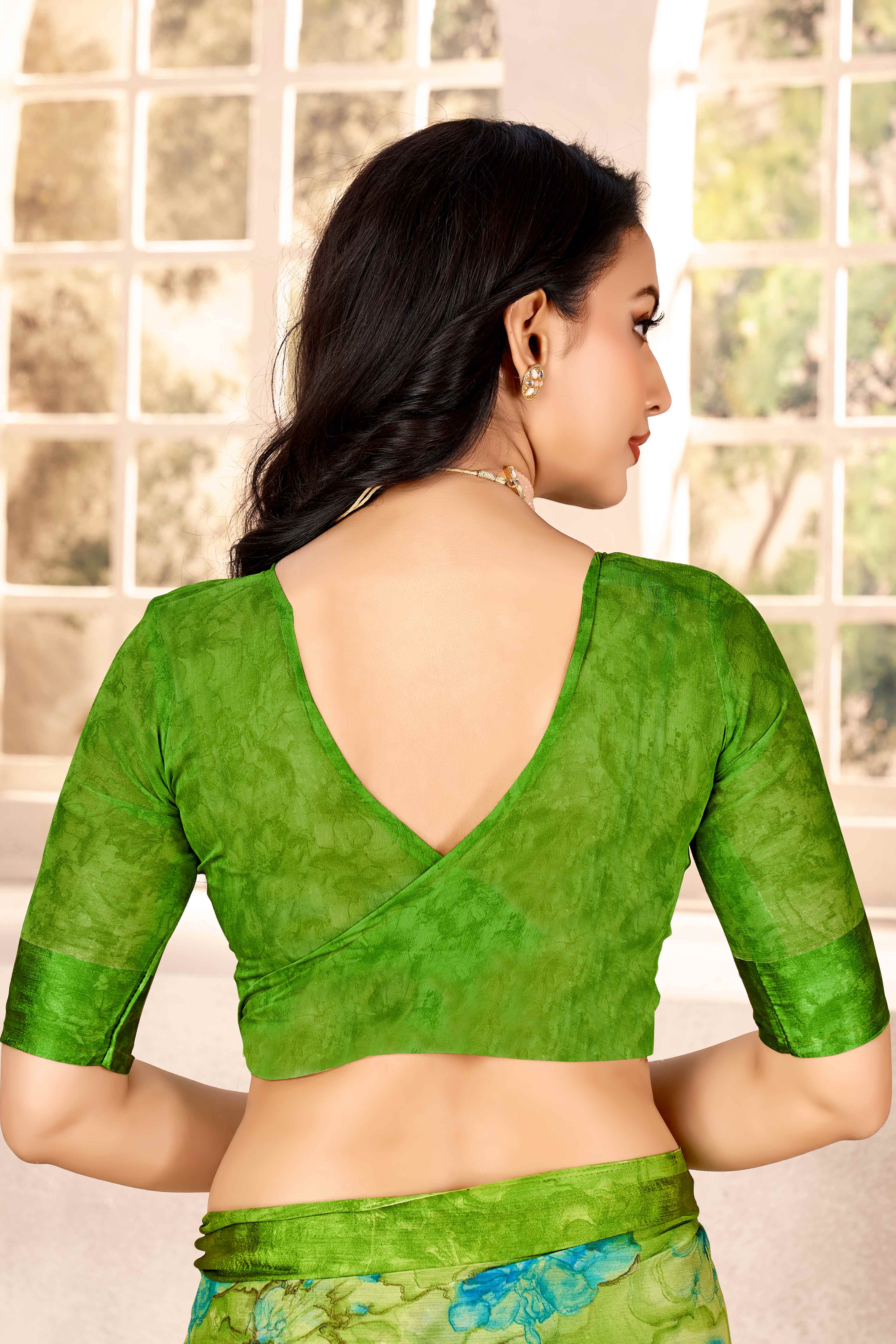 Green Chiffon Saree With Delicate Floral Prints & Elegant Woven Border - Image 4