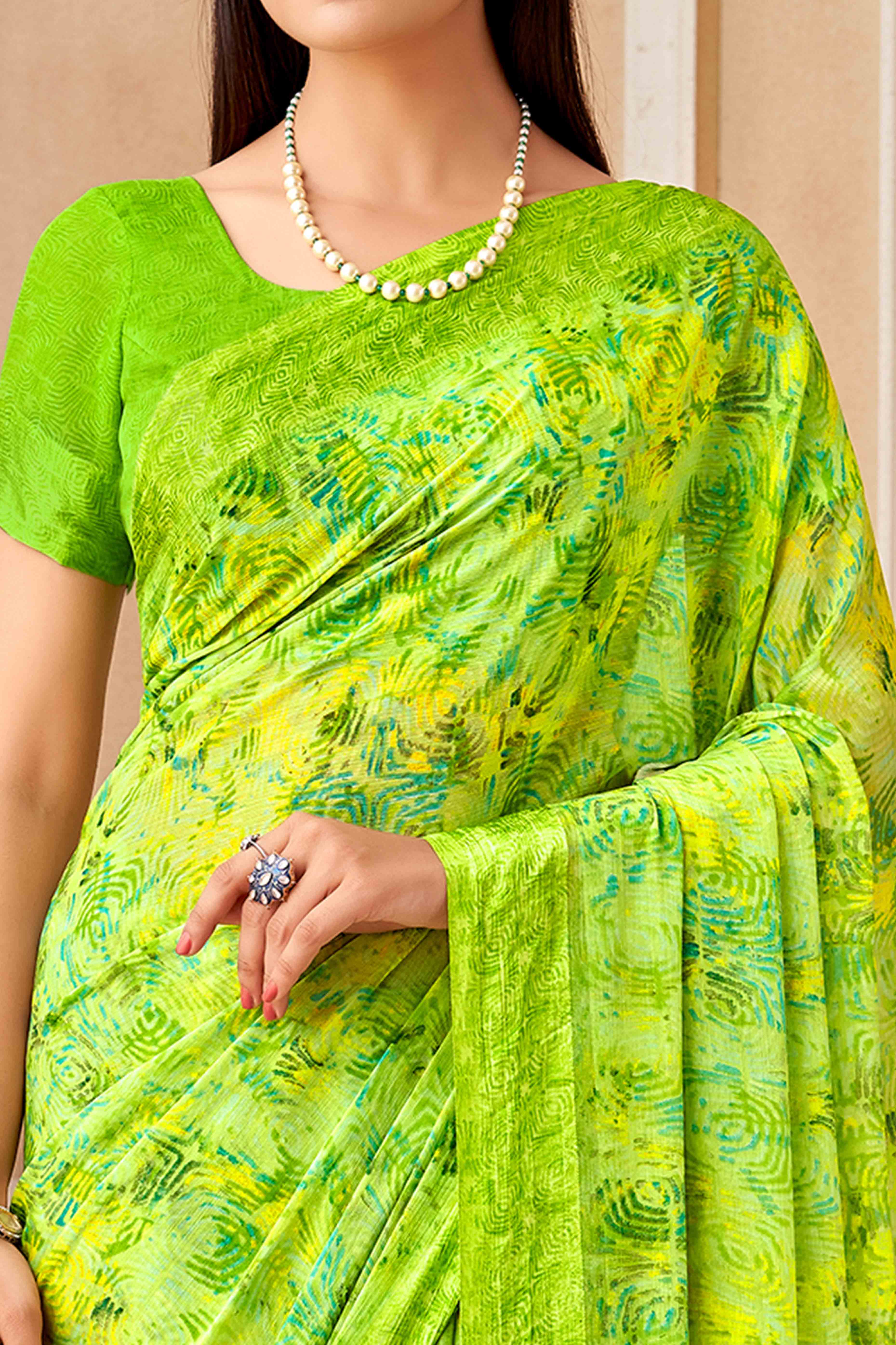 Green Chiffon Saree With Delicate Prints & Elegant Satin Woven Border - Image 2