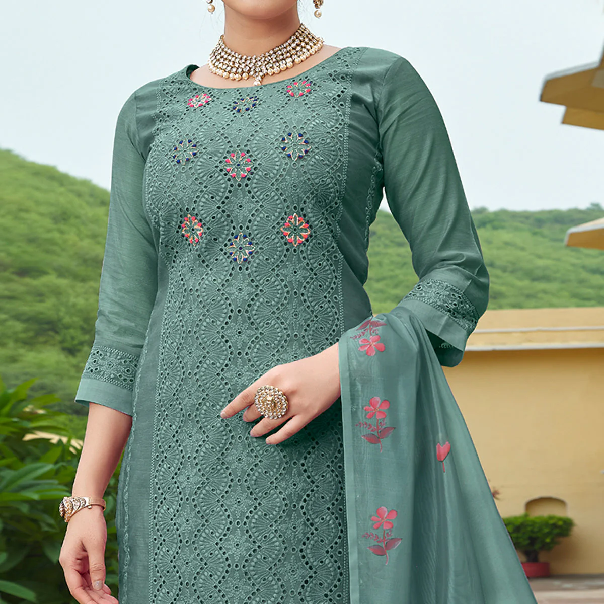 Green Chikankari Work Cotton Silk Salwar Suit - Image 3