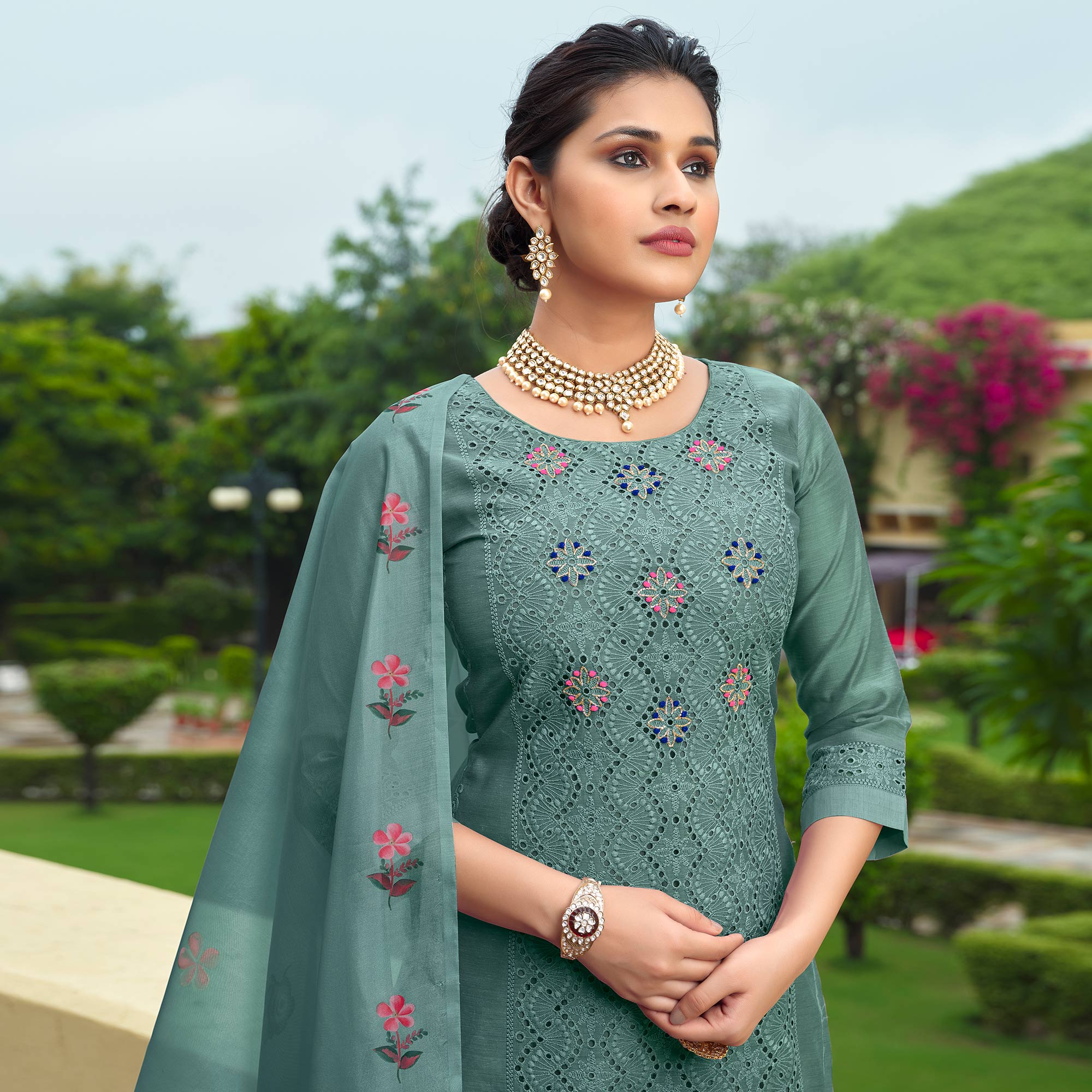 Green Chikankari Work Cotton Silk Salwar Suit - Image 4