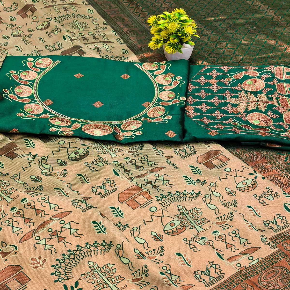 Green Classic Tissue Silk Saree Highlighted with Fine Zari Woven Motifs for Traditional Occasions - Image 2