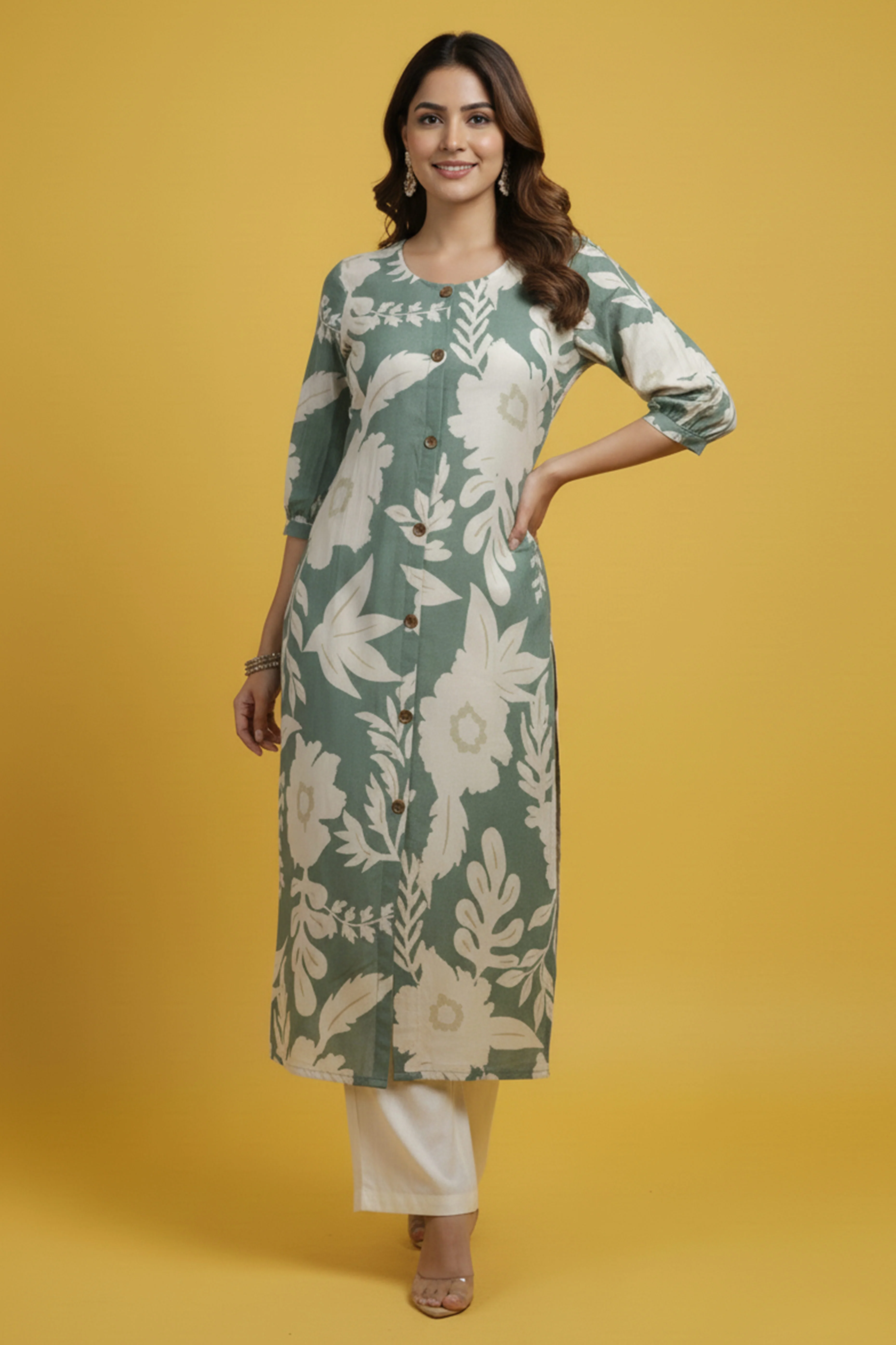 Green Comfortable & Trendy A-Line Kurti in Pure Cotton Fabric with Floral Design - Image 5