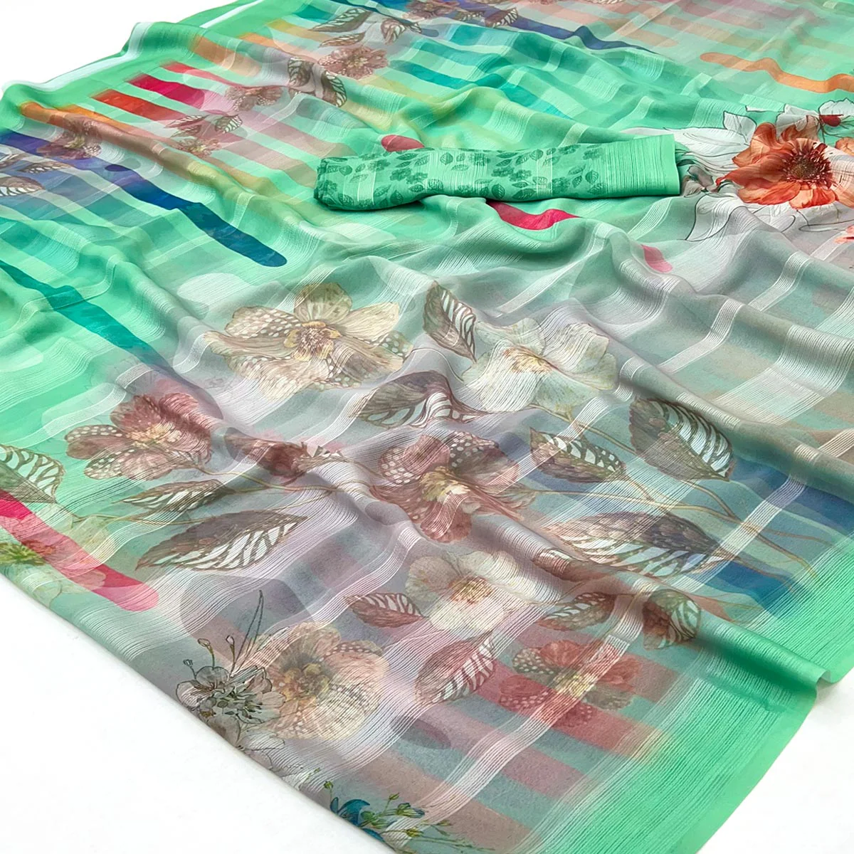 Green Contemporary Floral Digital Printed Silk Blend Saree With Textured Striped Weaving - Image 2