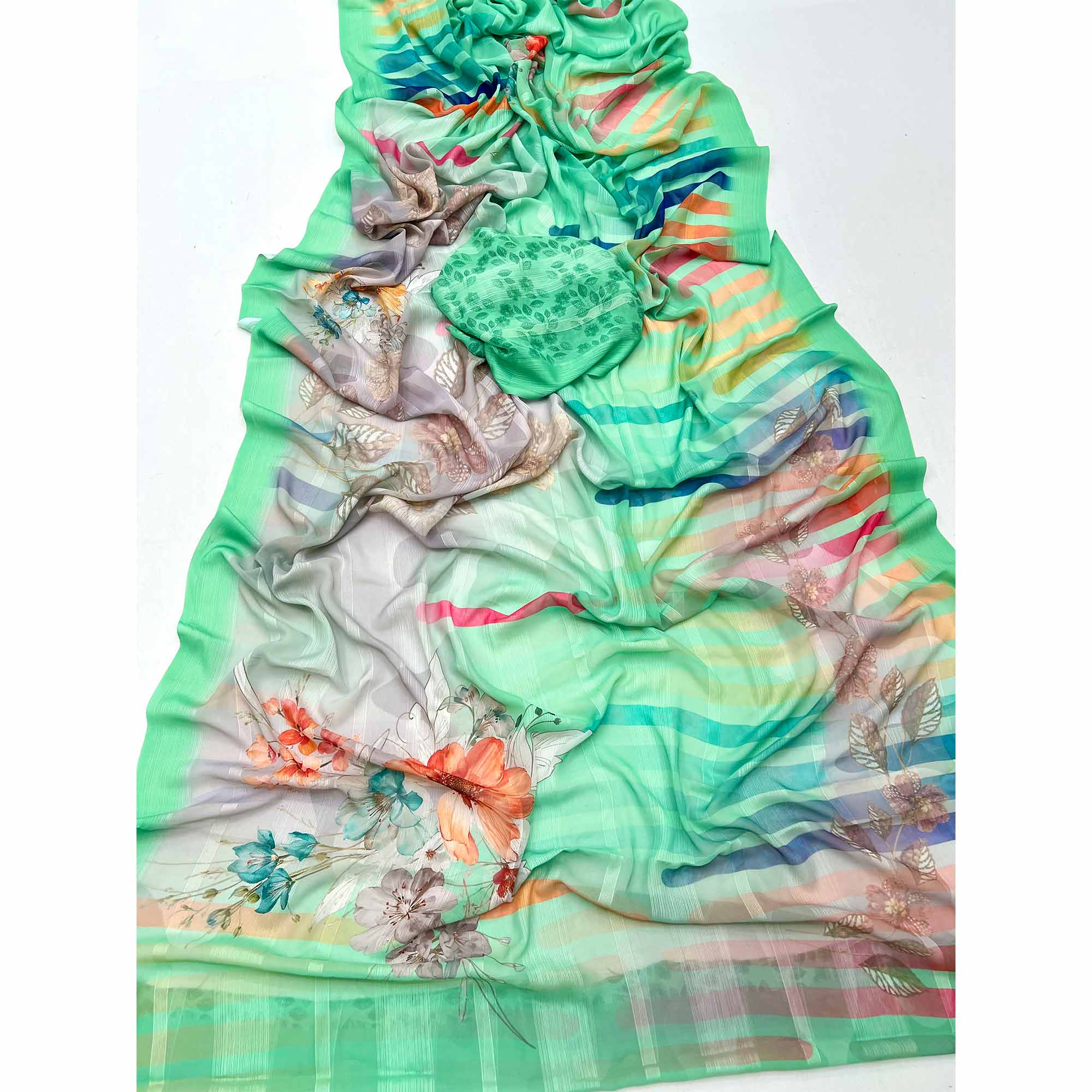 Green Contemporary Floral Digital Printed Silk Blend Saree With Textured Striped Weaving - Image 3