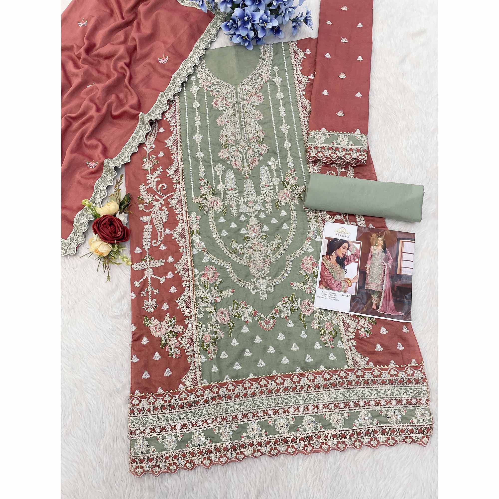Green & Copper Rust Floral Sequins Embroidery Vichitra Silk Semi Stitched Pakistani Suit - Image 4