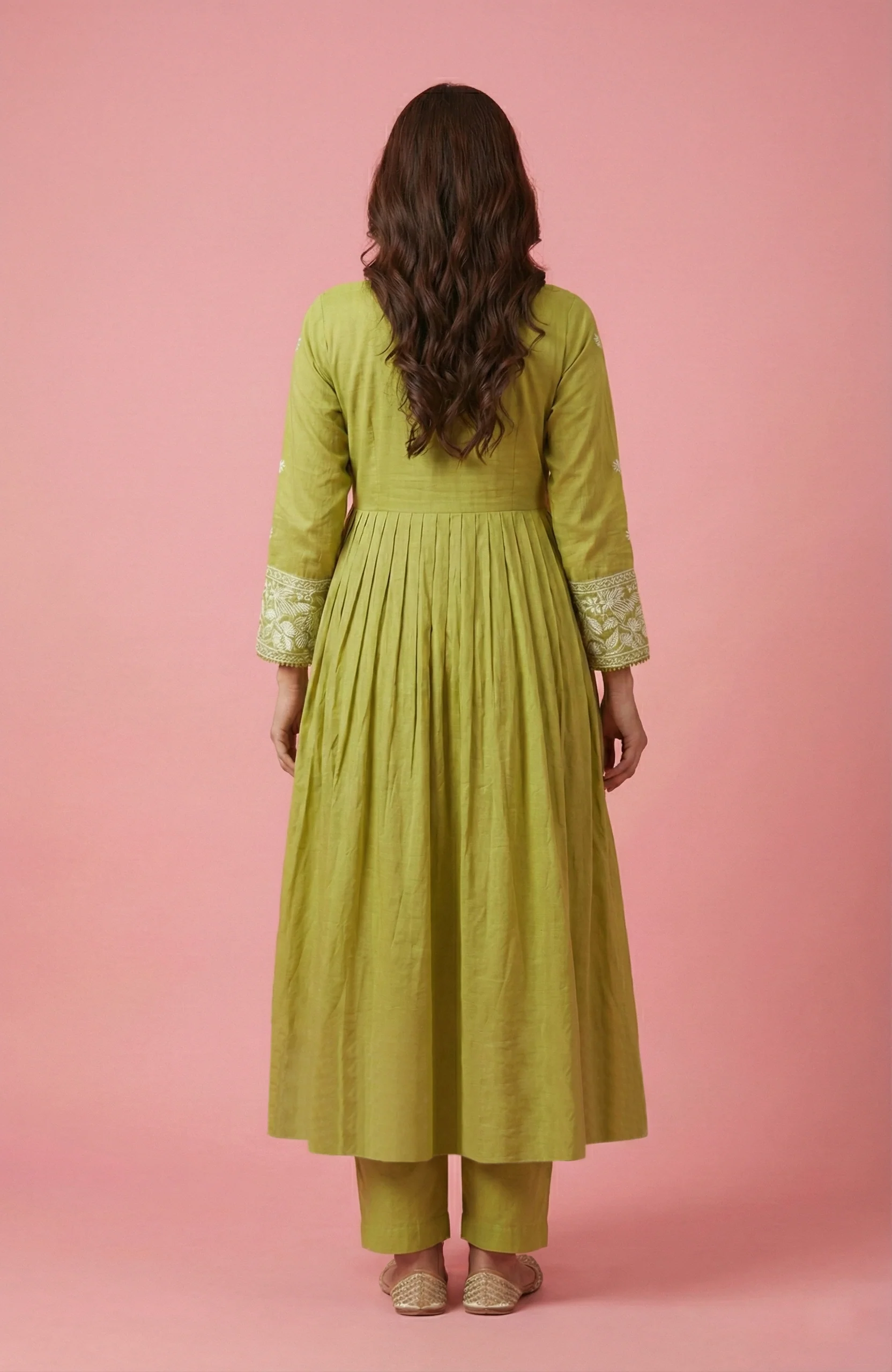 Green Cotton Anarkali Salwar Suit for Women with Floral Embroidery - Image 3