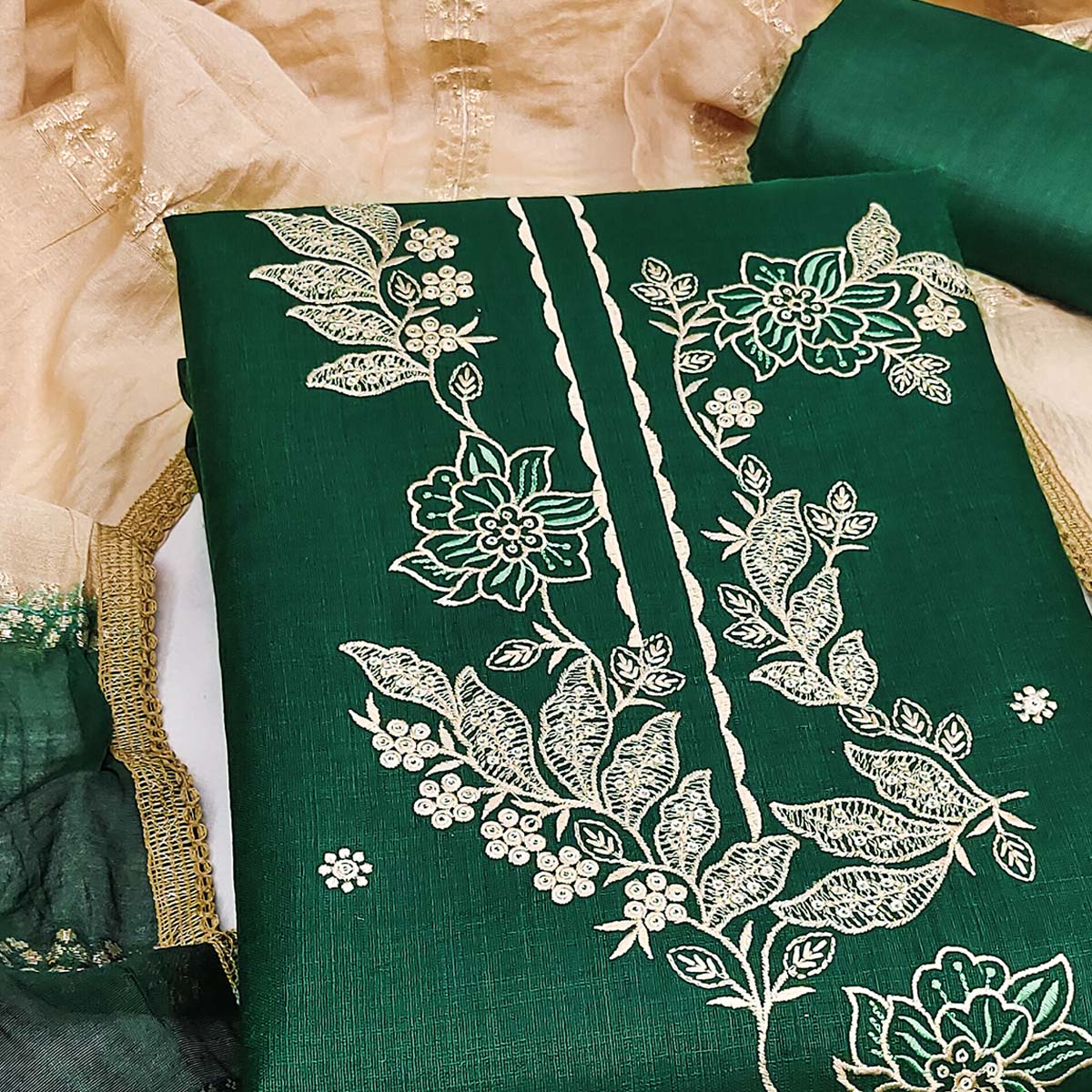 Green Cotton Blend Dress Material Adorned With Elegant Floral Embroidery & Sequins Detailing - Image 2