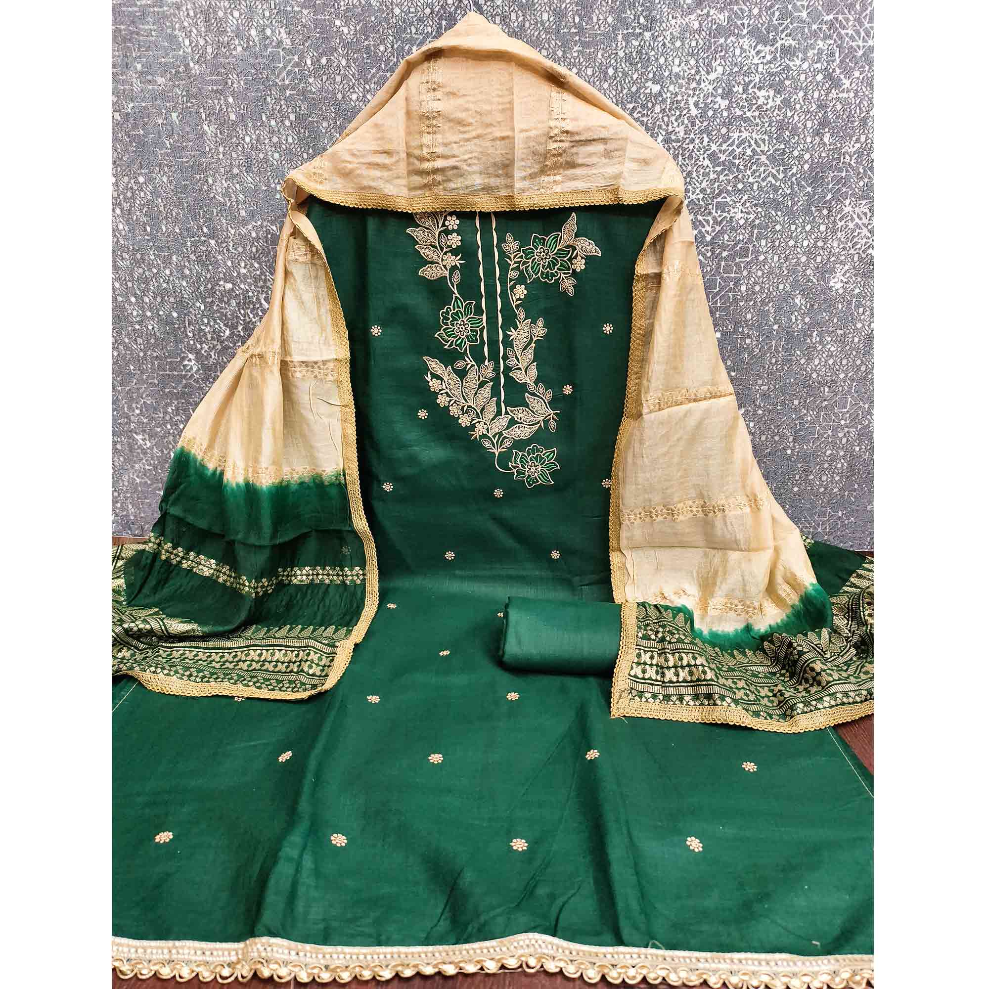 Green Cotton Blend Dress Material Adorned With Elegant Floral Embroidery & Sequins Detailing - Image 5