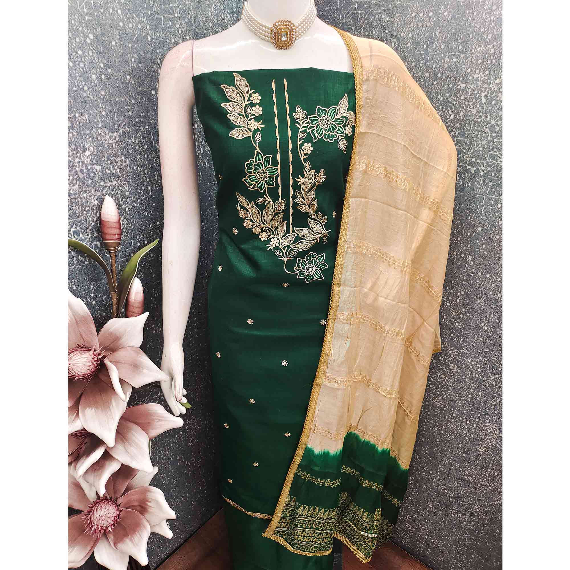 Green Cotton Blend Dress Material Adorned With Elegant Floral Embroidery & Sequins Detailing - Image 6