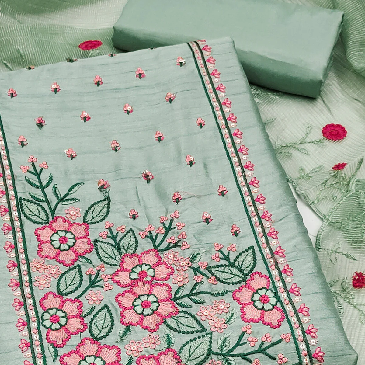 Green Cotton Blend Dress Material Featuring Delicate Floral Embroidery & Sequins Work - Image 2