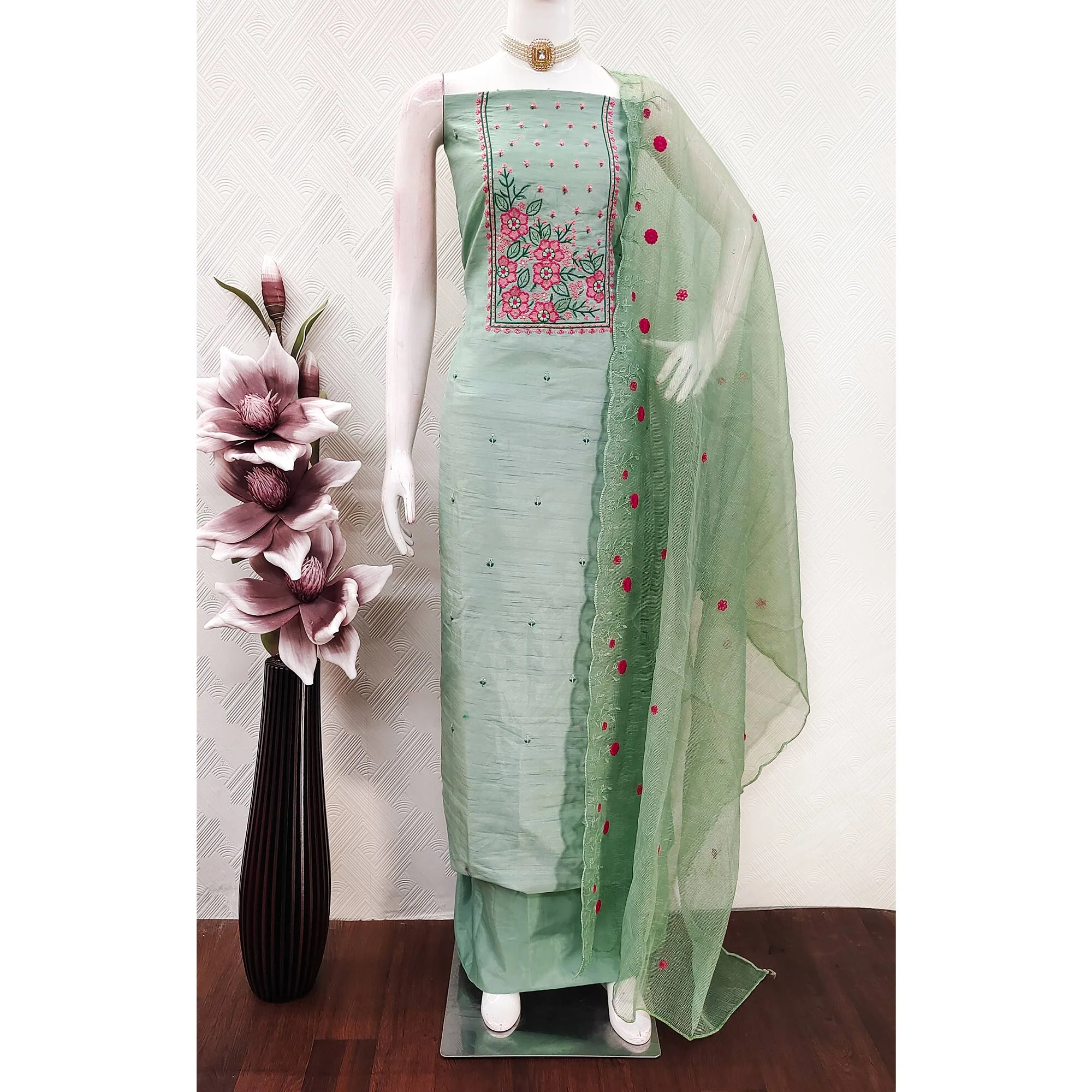 Green Cotton Blend Dress Material Featuring Delicate Floral Embroidery & Sequins Work - Image 3