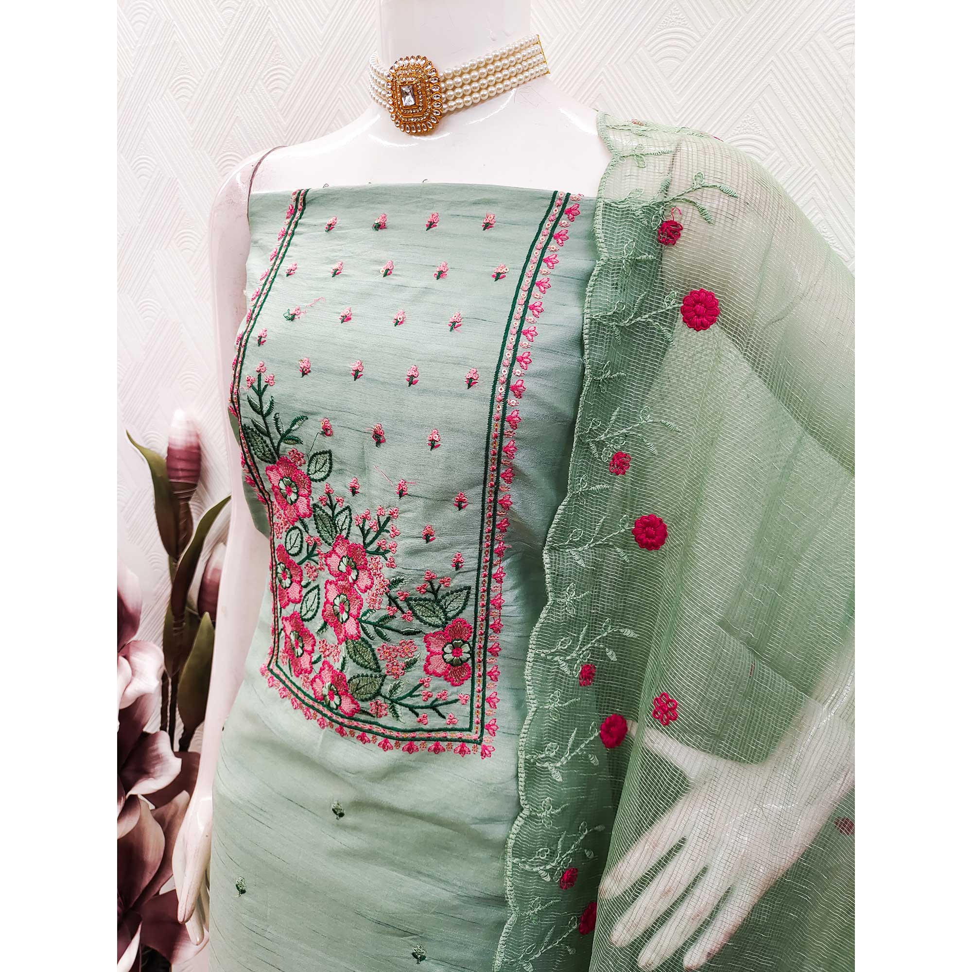 Green Cotton Blend Dress Material Featuring Delicate Floral Embroidery & Sequins Work - Image 4