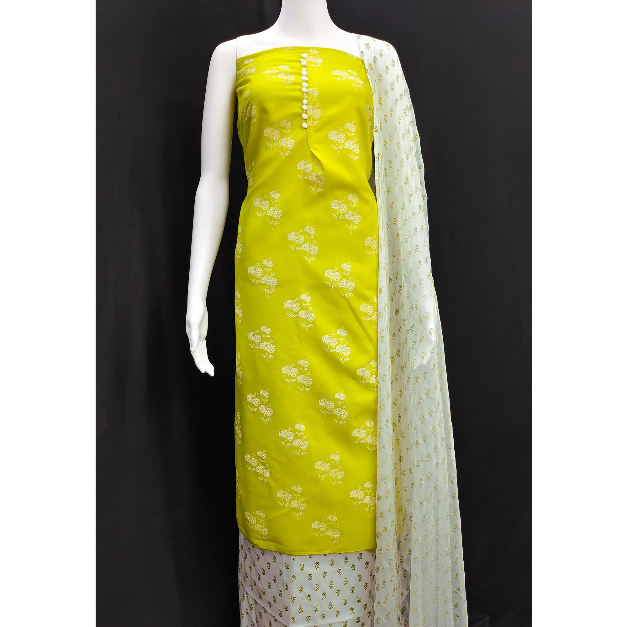 Green Cotton Blend Floral Printed Dress Material - Image 5