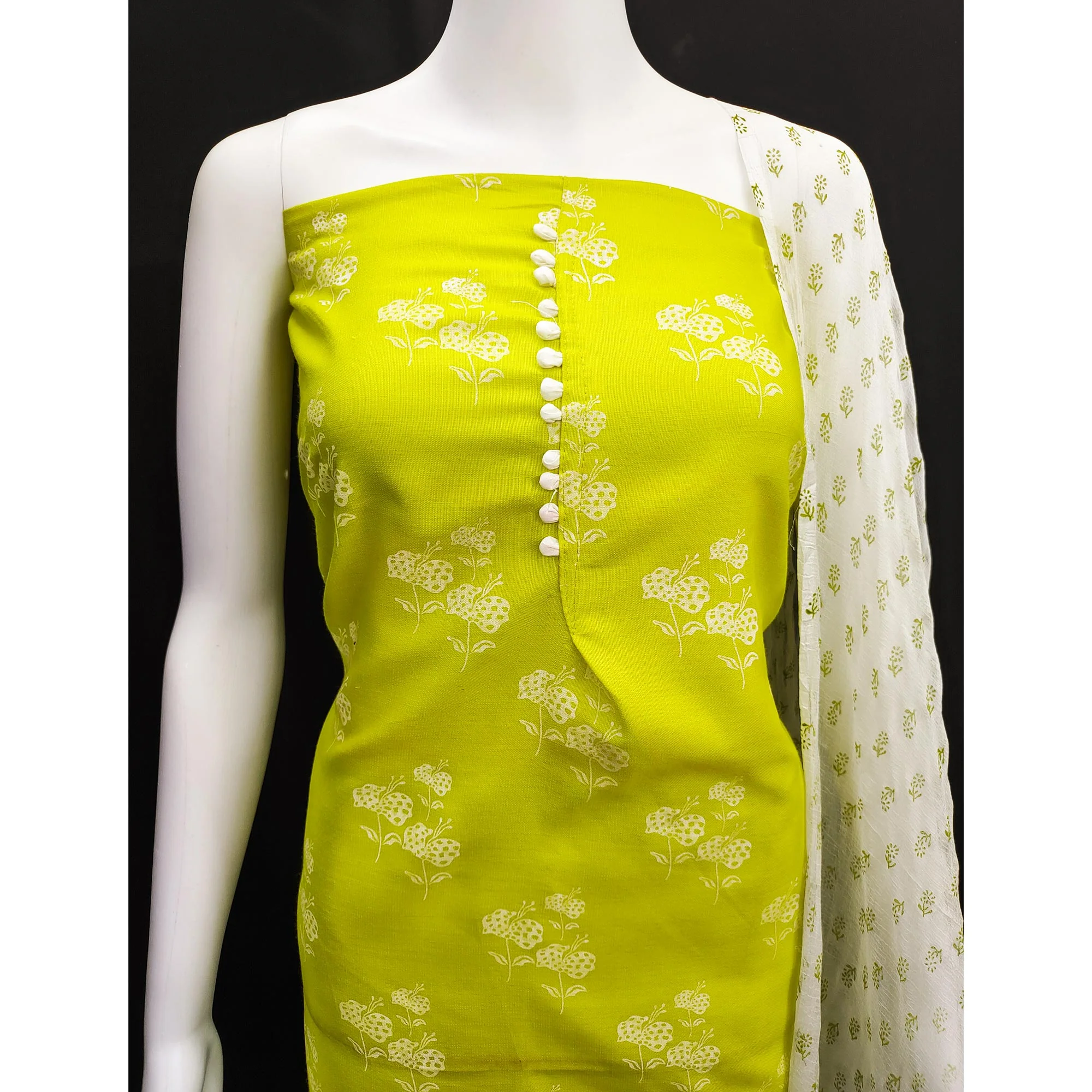 Green Cotton Blend Floral Printed Dress Material - Image 6