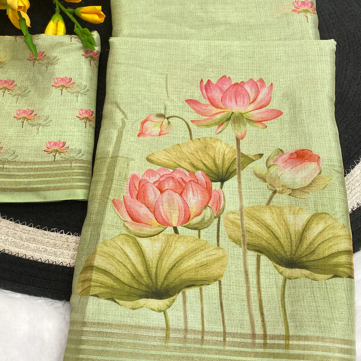 Green Cotton Blend Tusser Saree Adorned With Radha Krishna & Floral Print With Zari Border - Image 2