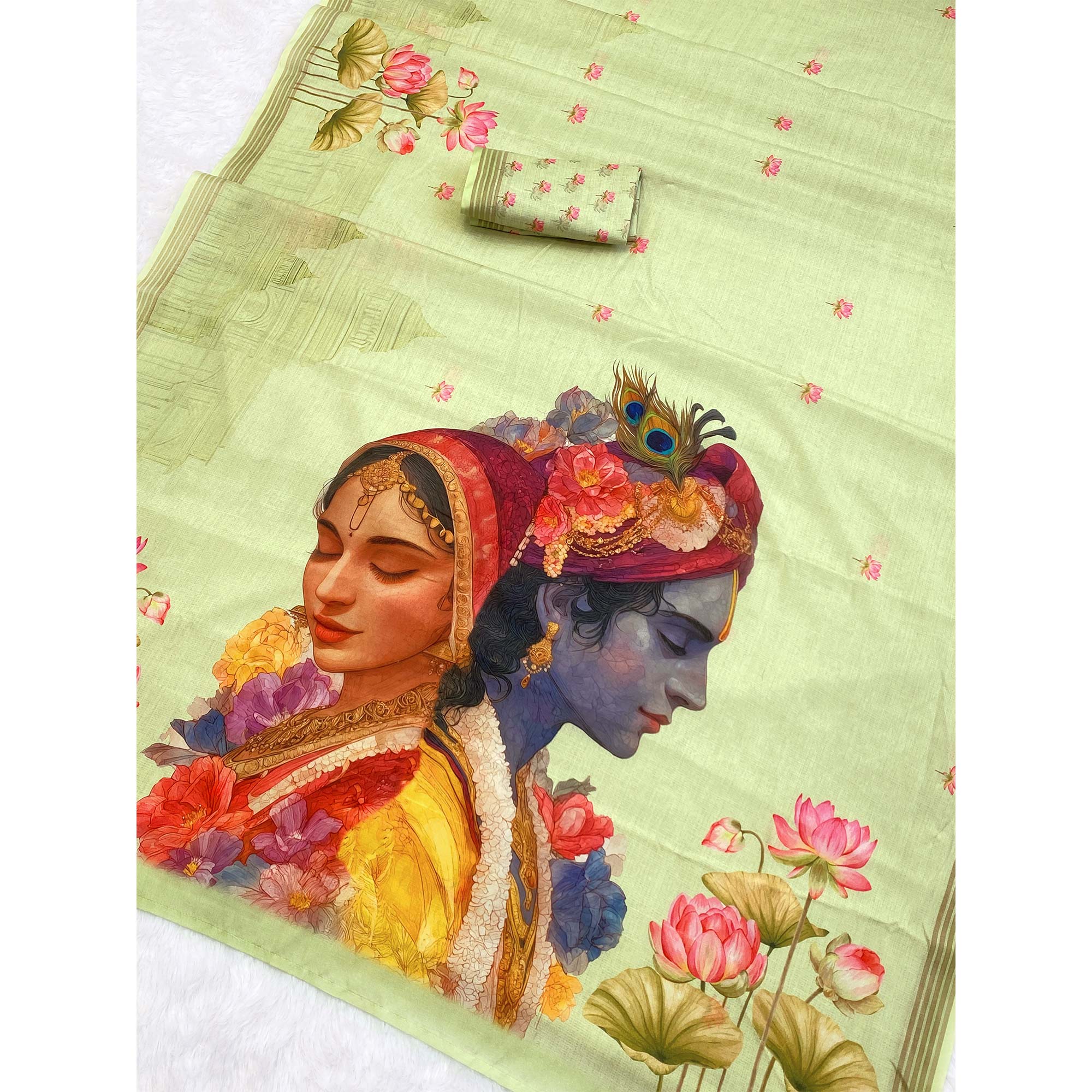 Green Cotton Blend Tusser Saree Adorned With Radha Krishna & Floral Print With Zari Border - Image 5