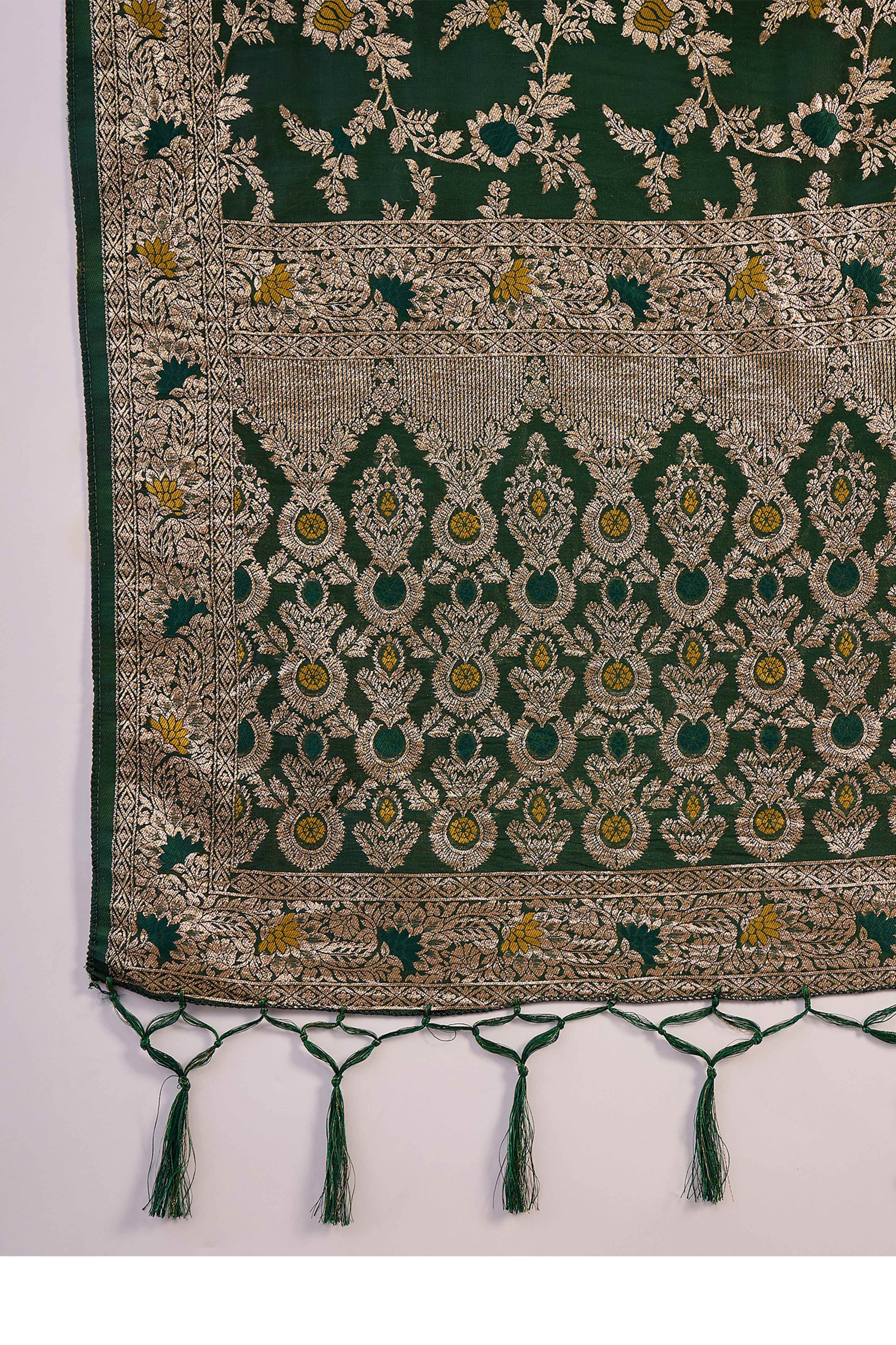 Green Cotton Meena Jacquard Saree Featuring Intricate Floral Weaving & Tassels On The Pallu - Image 7