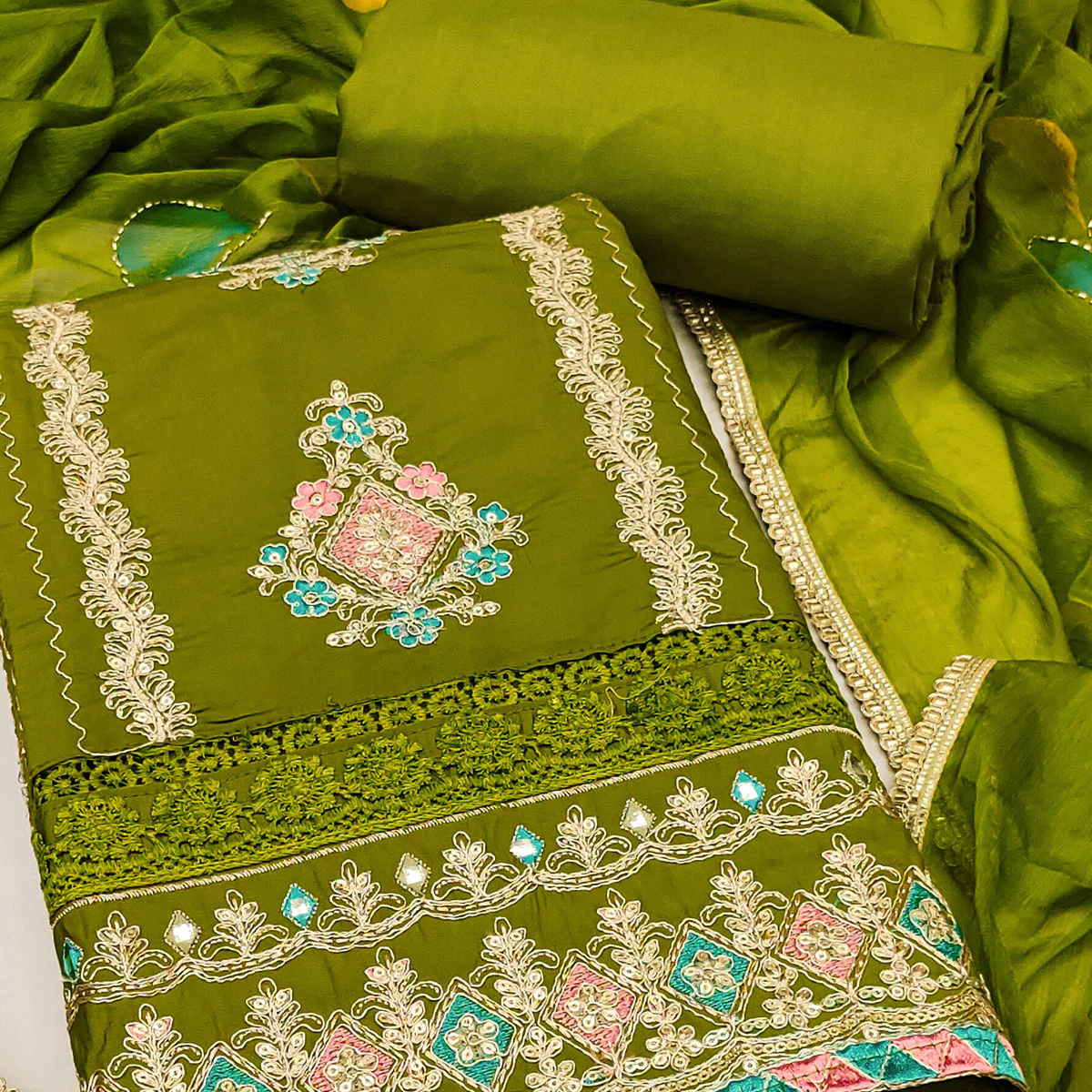 Green Cotton Silk Dress Material Enhanced With Exquisite Floral Cording Embroidery & Sequins Work - Image 2