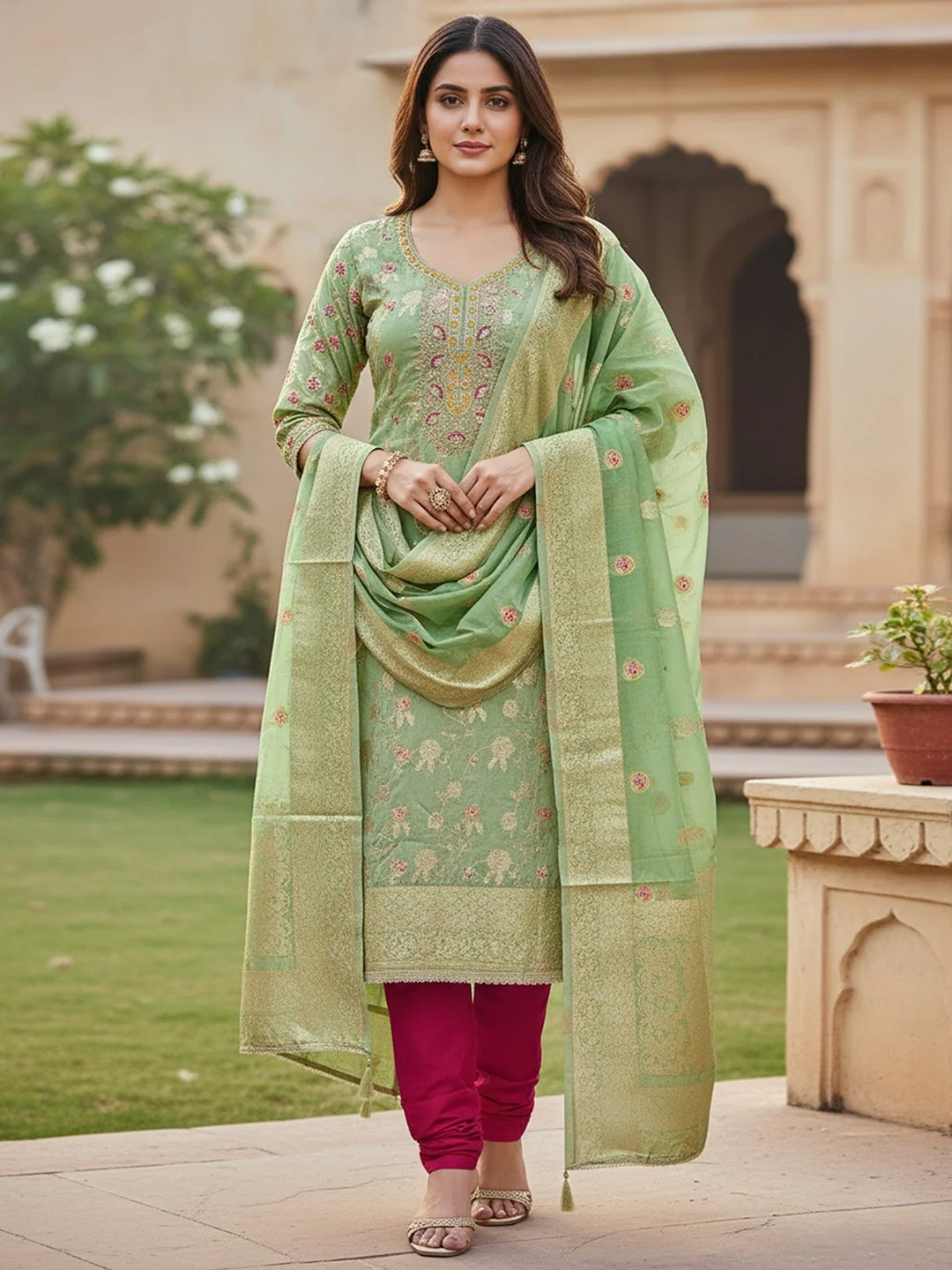 Green Cotton Silk Fabric with Elegant Zari Floral Pattern Weaving