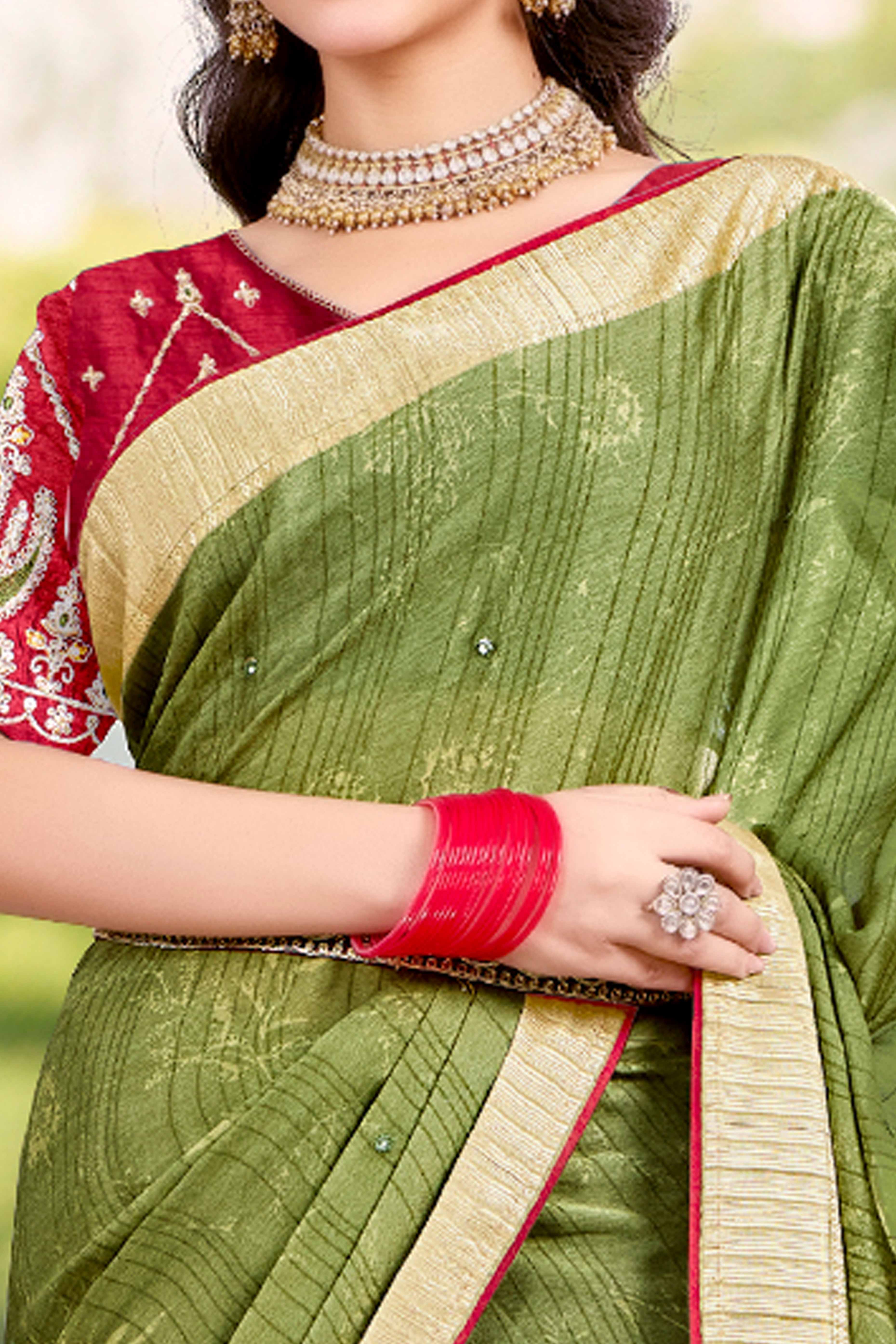 Green Crepe Saree with Exquisite Stone Work and Viscose Border Finish - Image 2