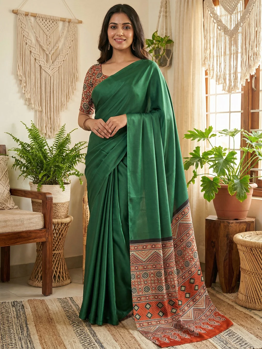 Green Crepe Saree with Heritage Inspired Ajrakh Pallu and Smooth Silky Texture Finish