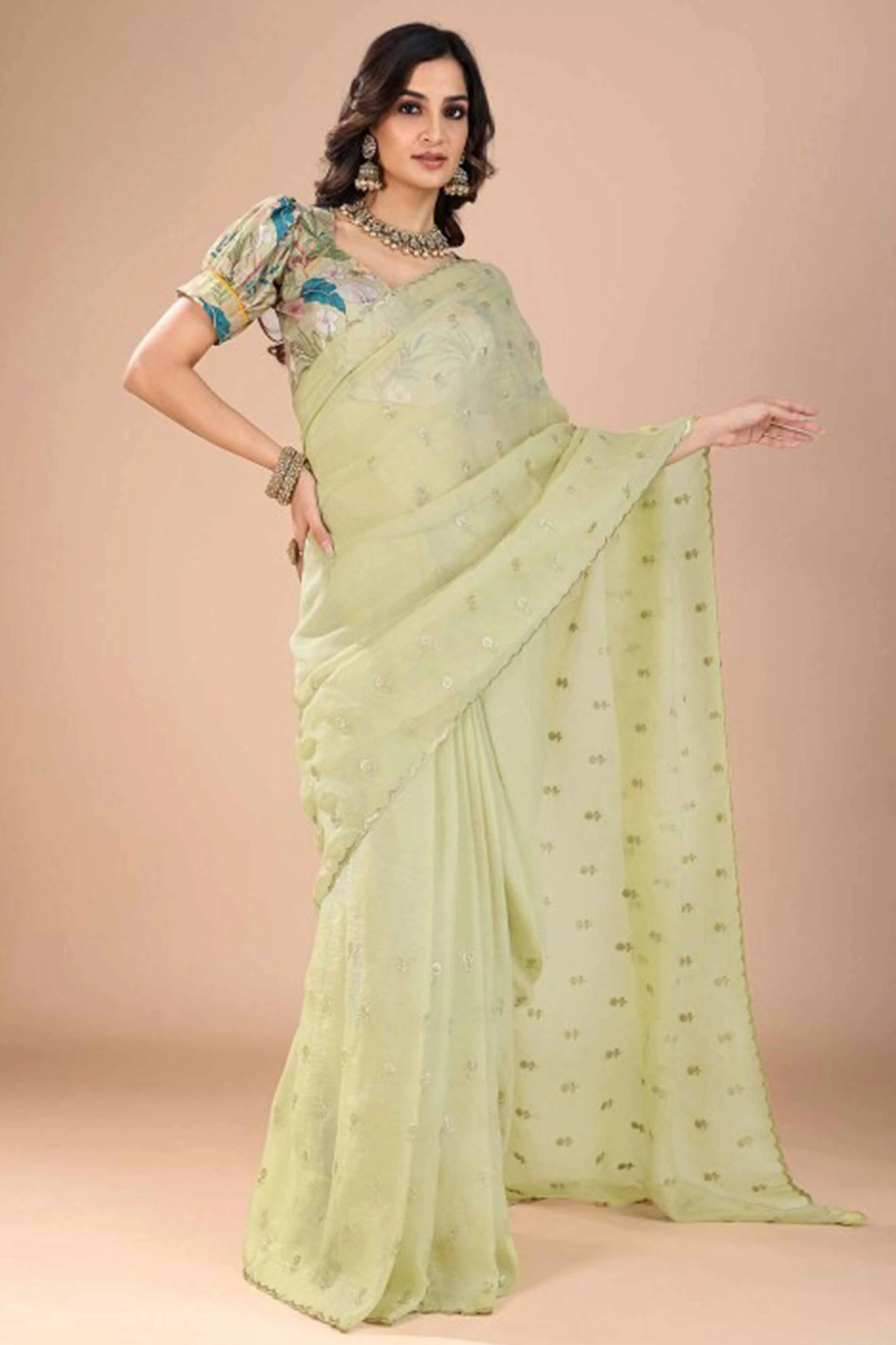 Green Crunchy Saree Adorned With Floral Sequins Embroidery & Graceful Border Finish - Image 3