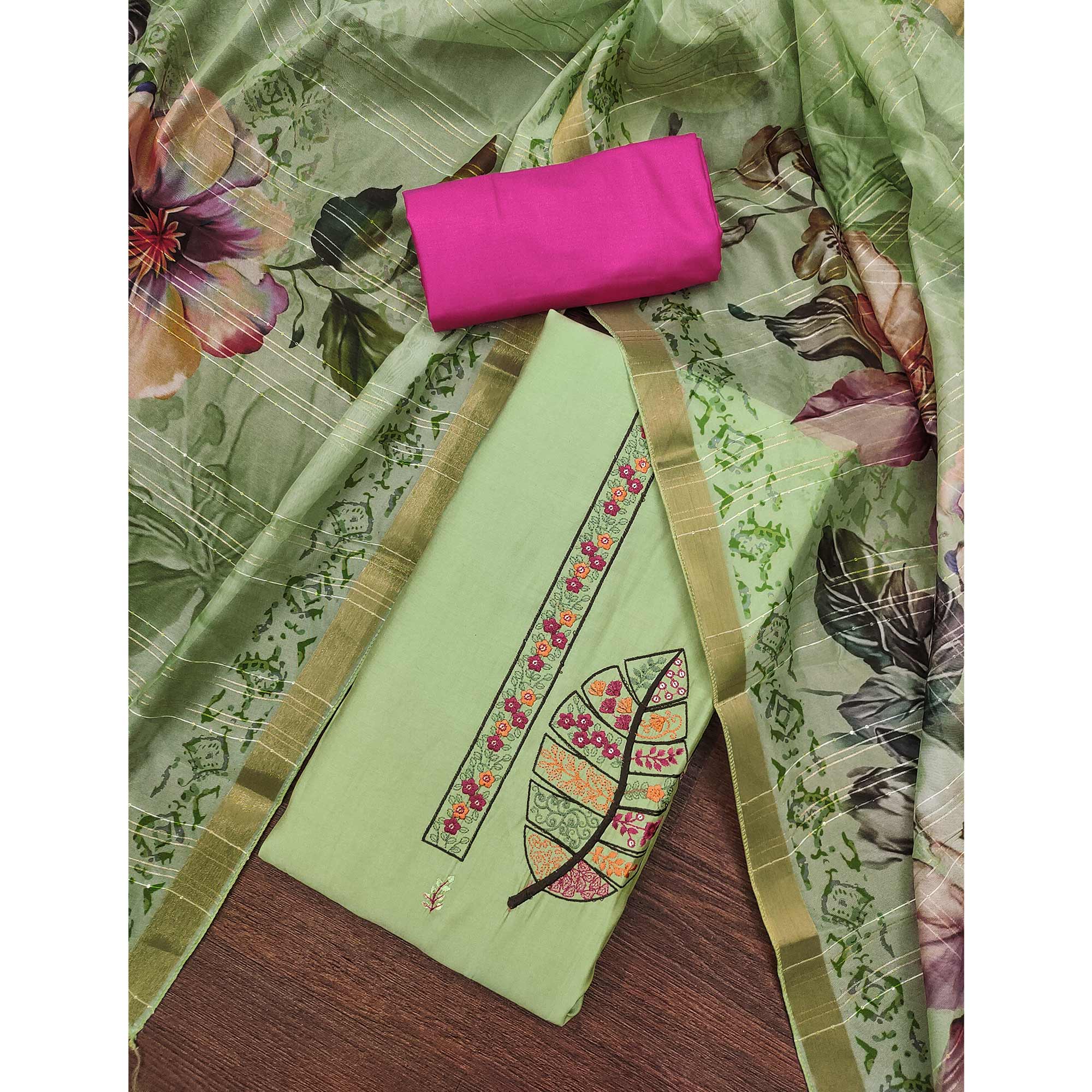 Green Delight Floral Sequins Embroidered Cotton Silk Dress Material - Image 3
