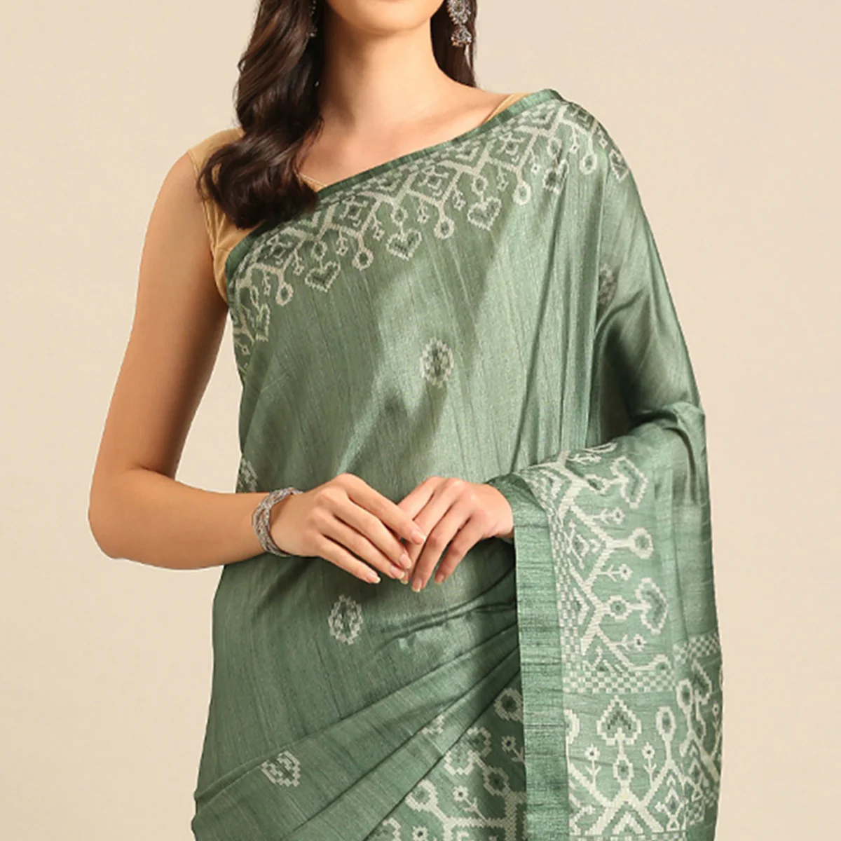 Green Digital Print Cotton Blend Saree - Image 3