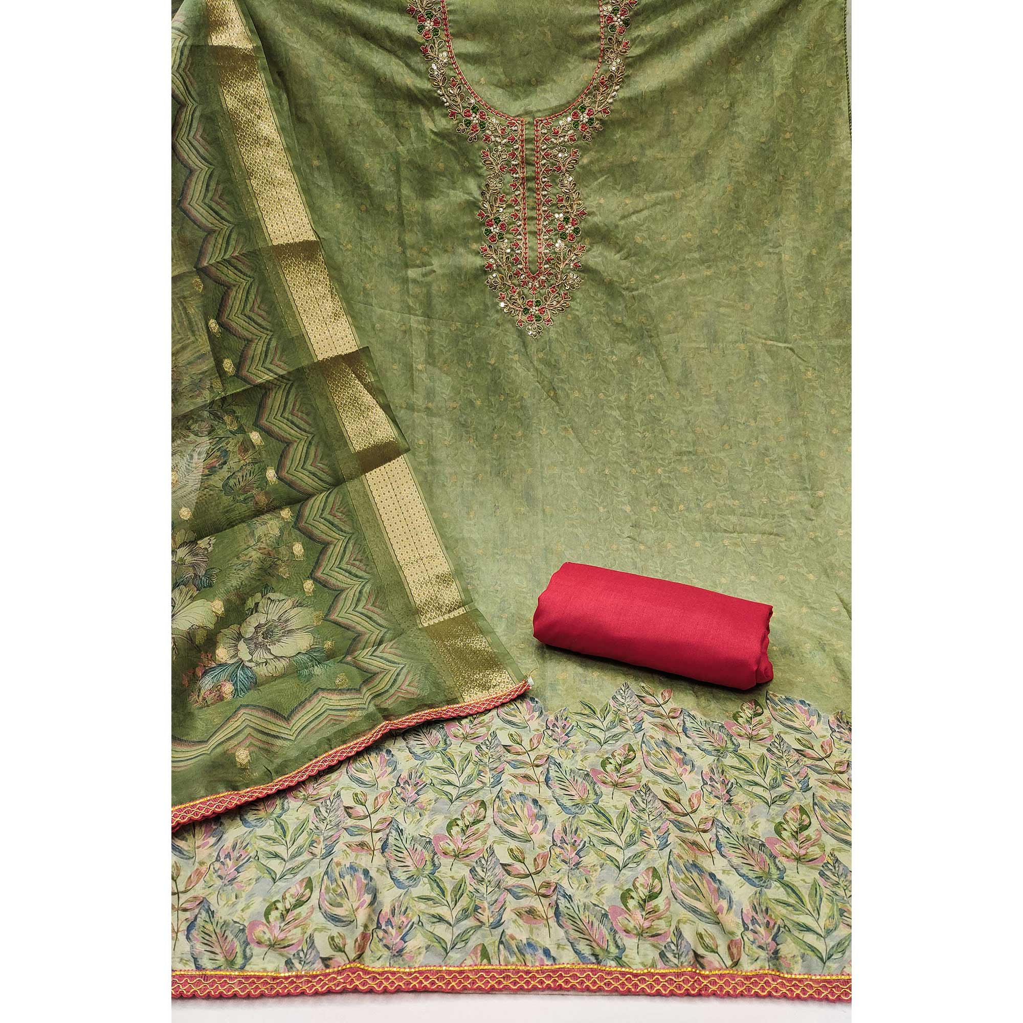 Green Digital Printed Cotton Silk Dress Material With Intricate Moti & Sequins Handwork - Image 4