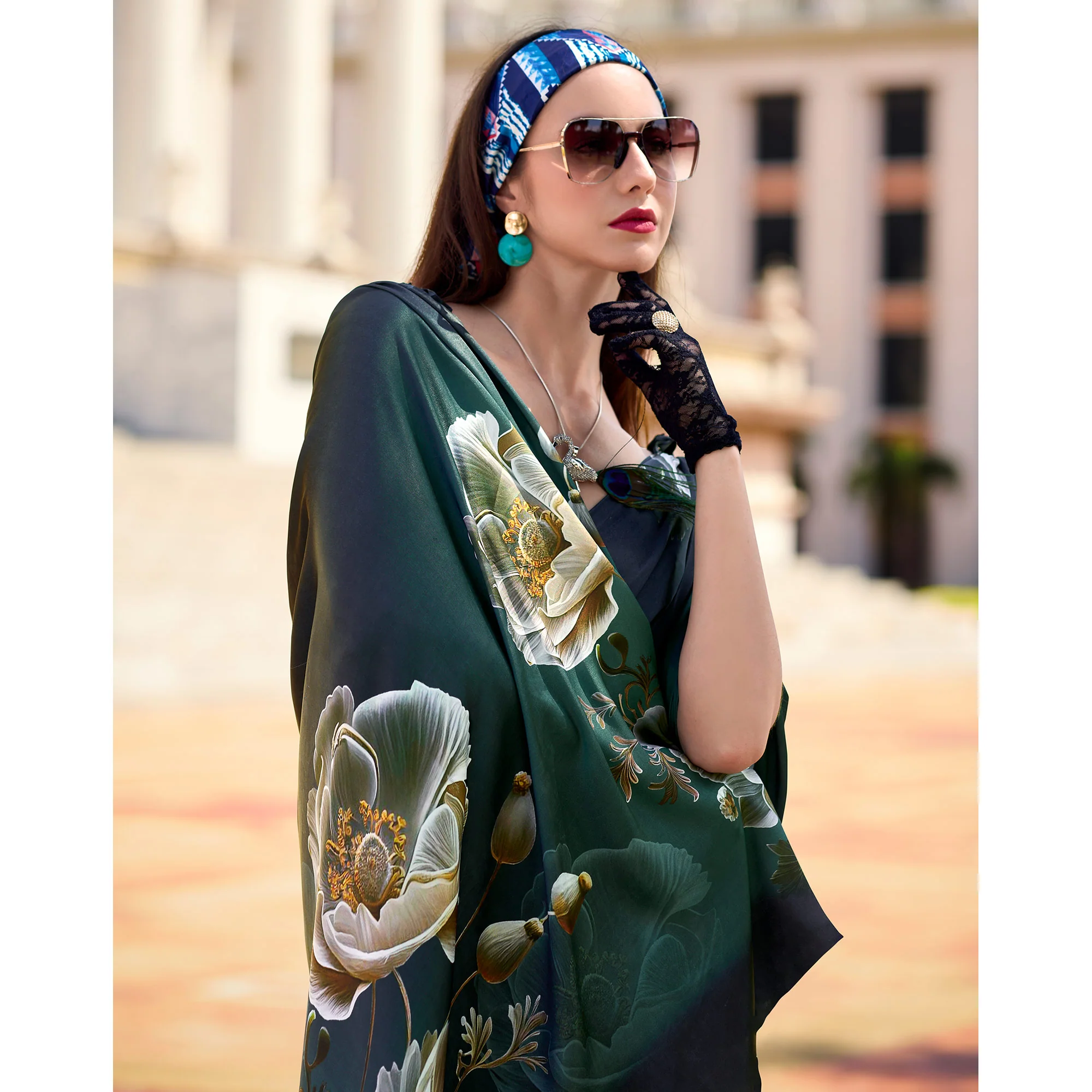 Green Digital Printed Pure Satin Saree - Image 4