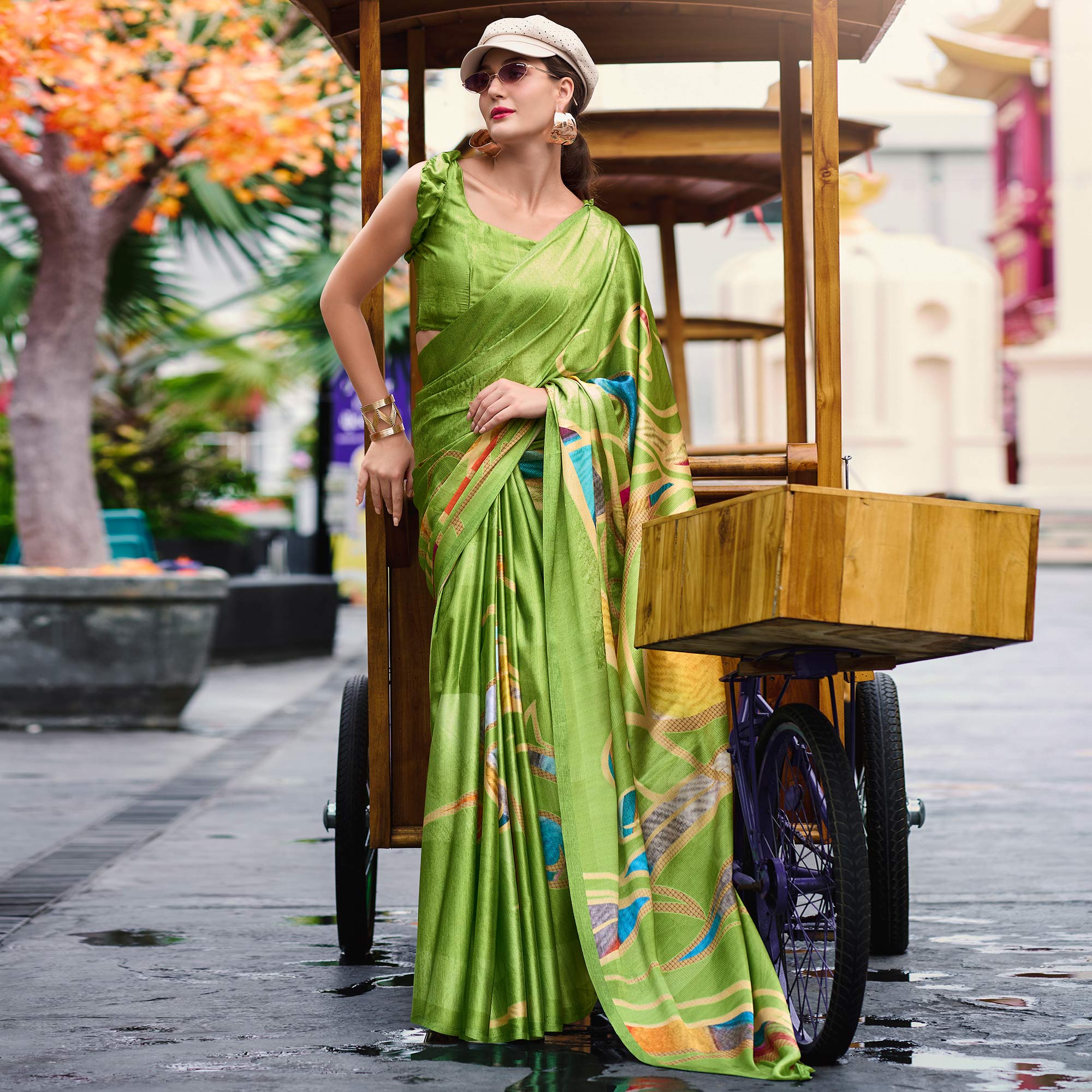 Green Digital Printed Pure Satin Saree - Image 2