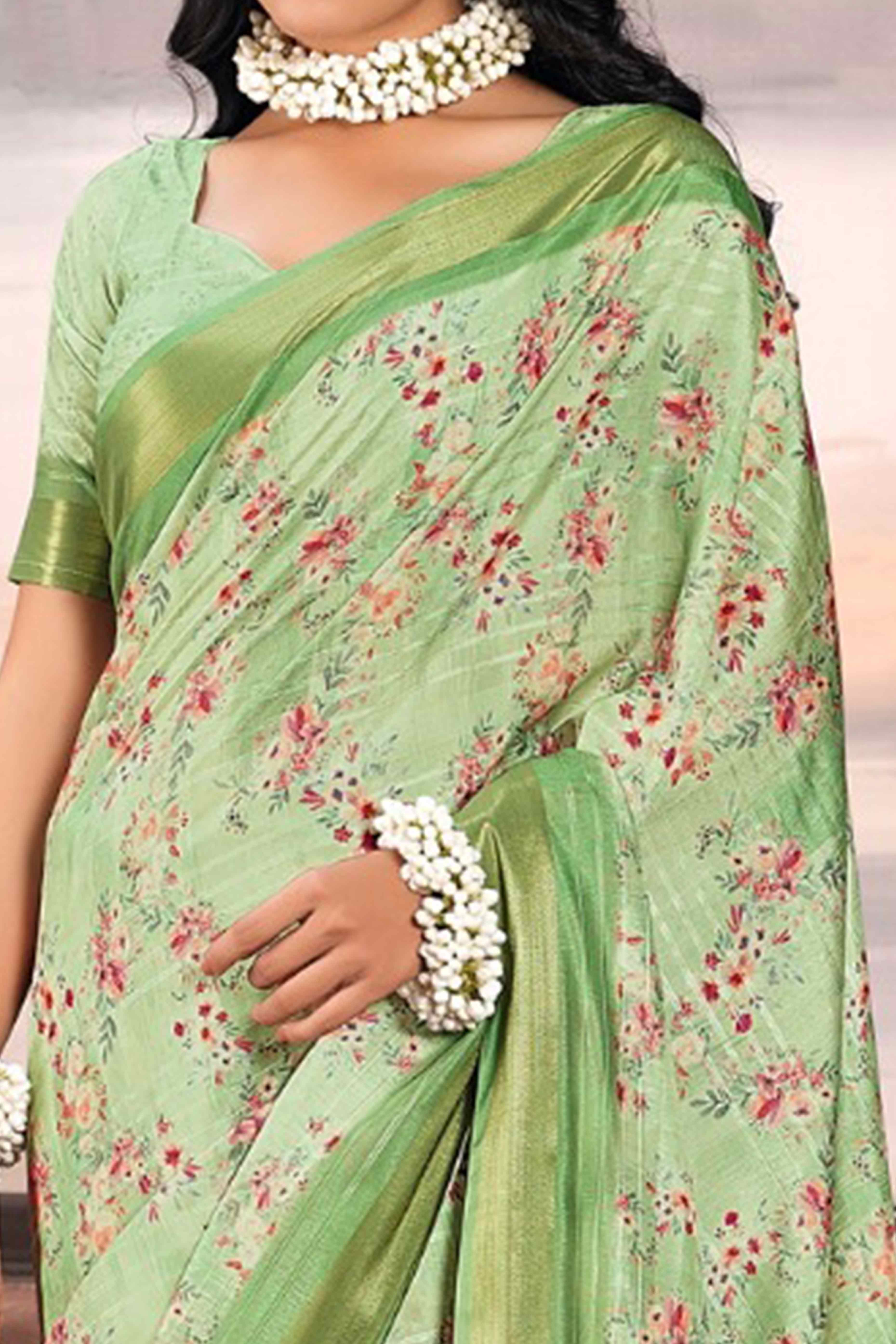 Green Digital Printed Saree in Soft Cotton Silk Fabric - Image 2