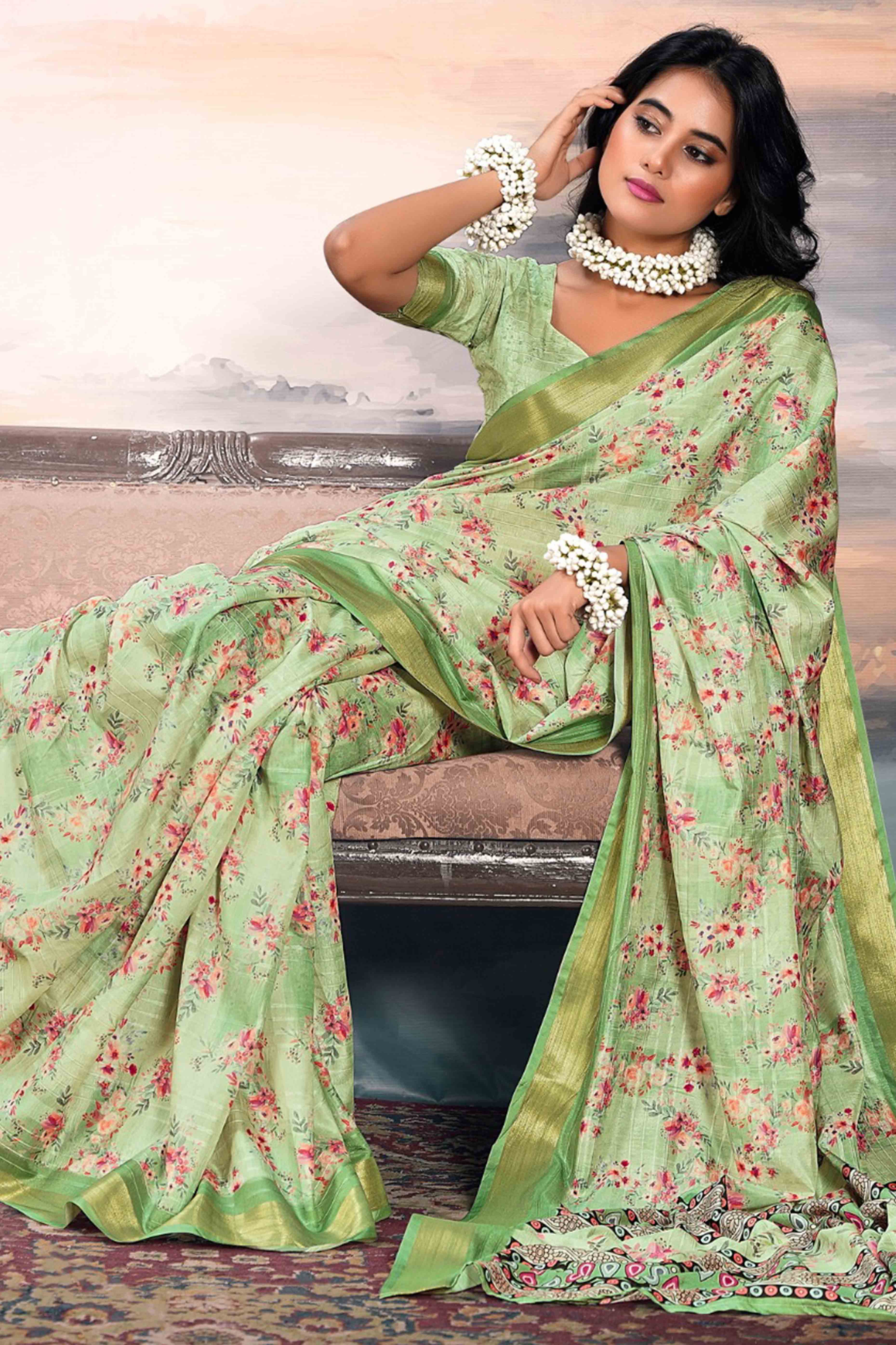 Green Digital Printed Saree in Soft Cotton Silk Fabric - Image 3