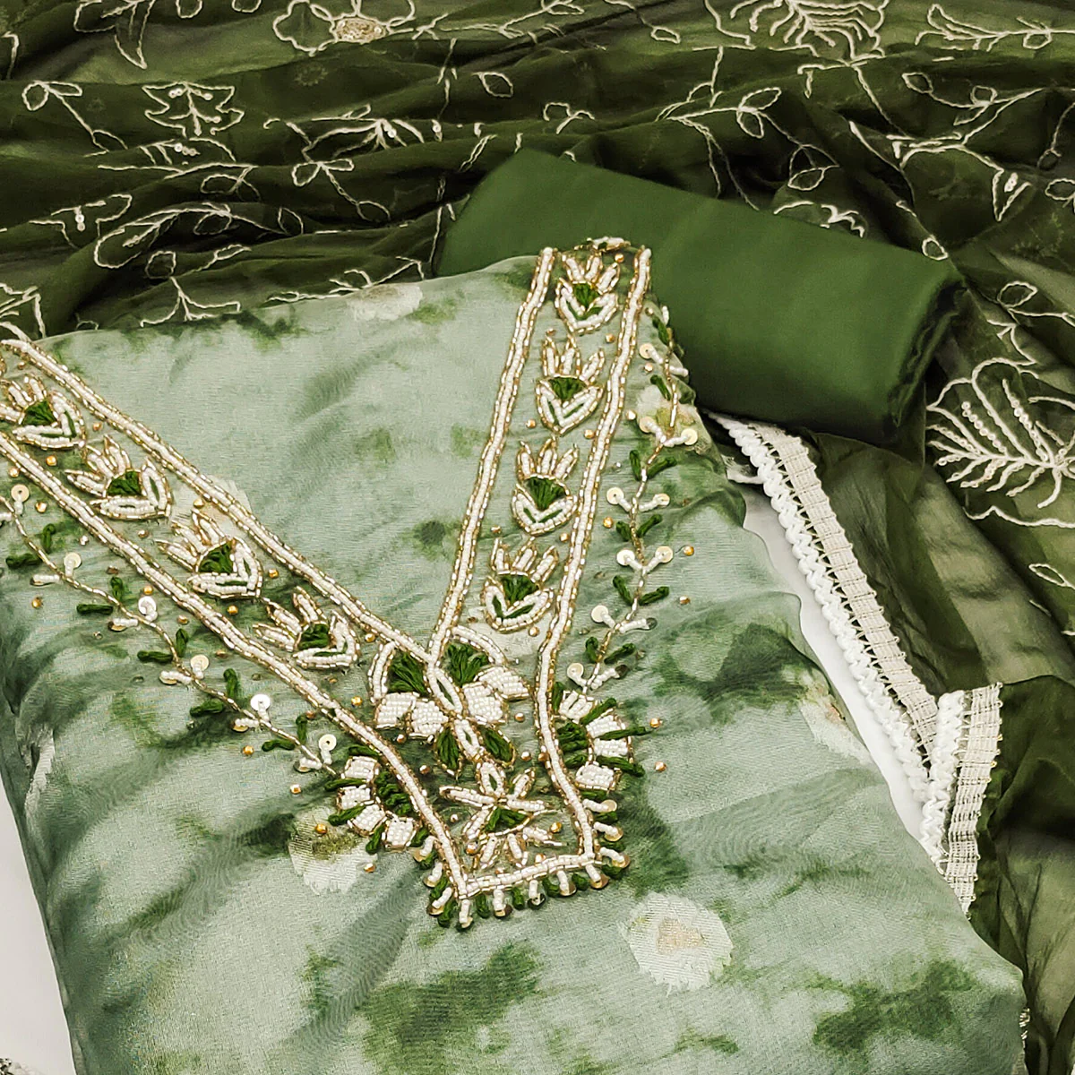 Green Digital Printed With Handwork Organza Dress Material - Image 2