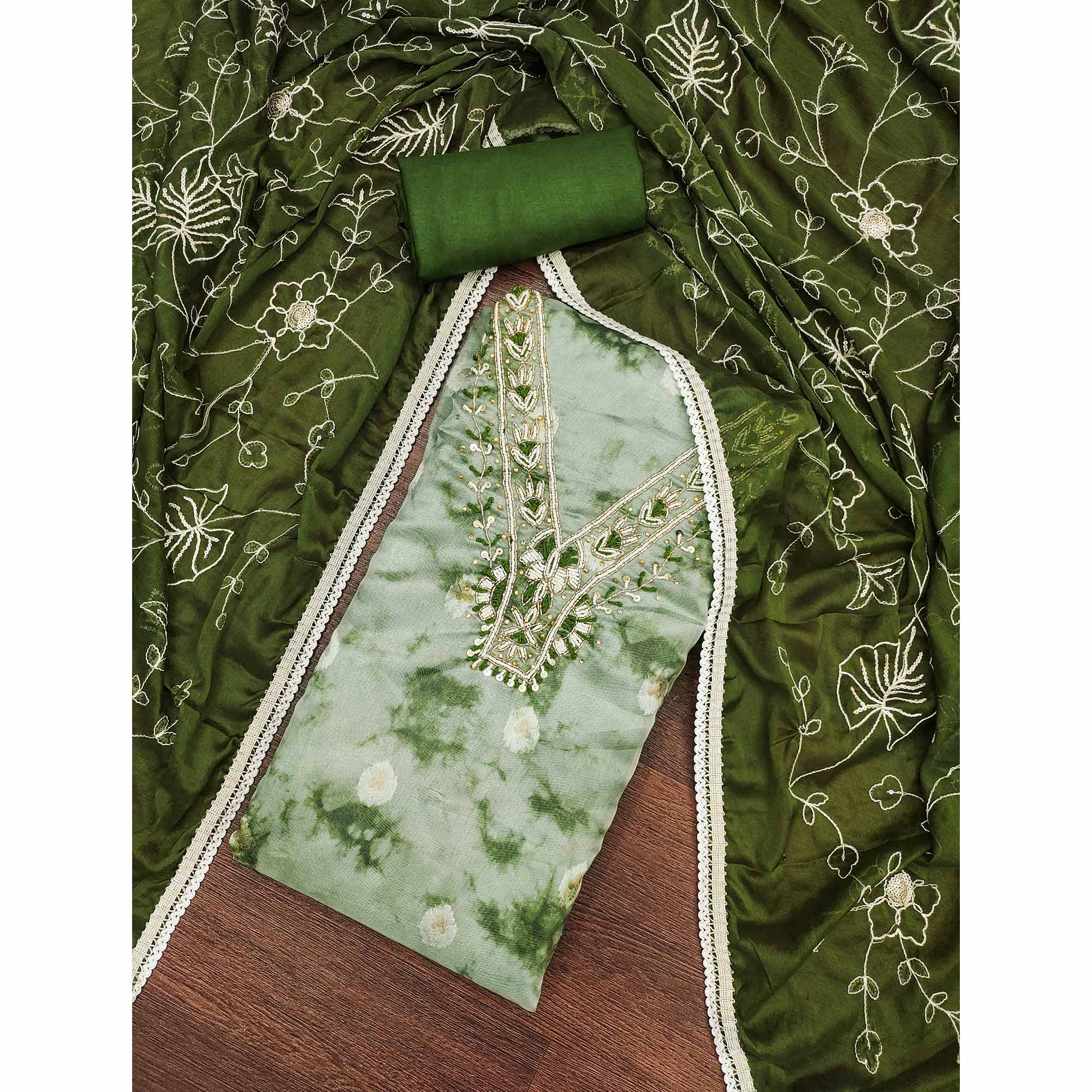 Green Digital Printed With Handwork Organza Dress Material - Image 3