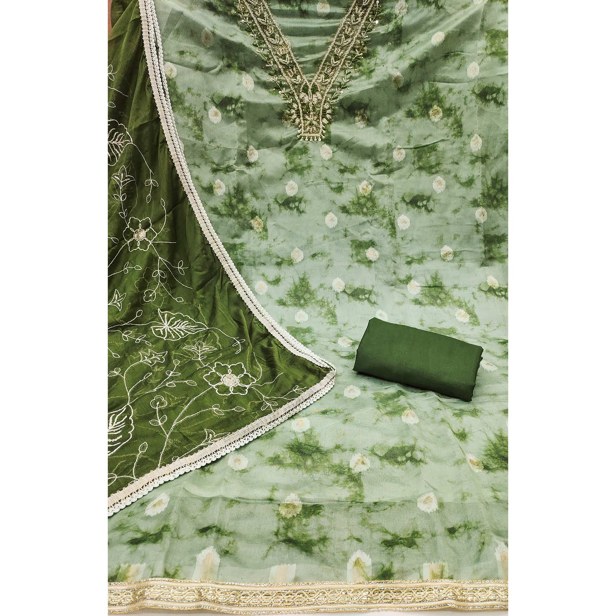 Green Digital Printed With Handwork Organza Dress Material - Image 4