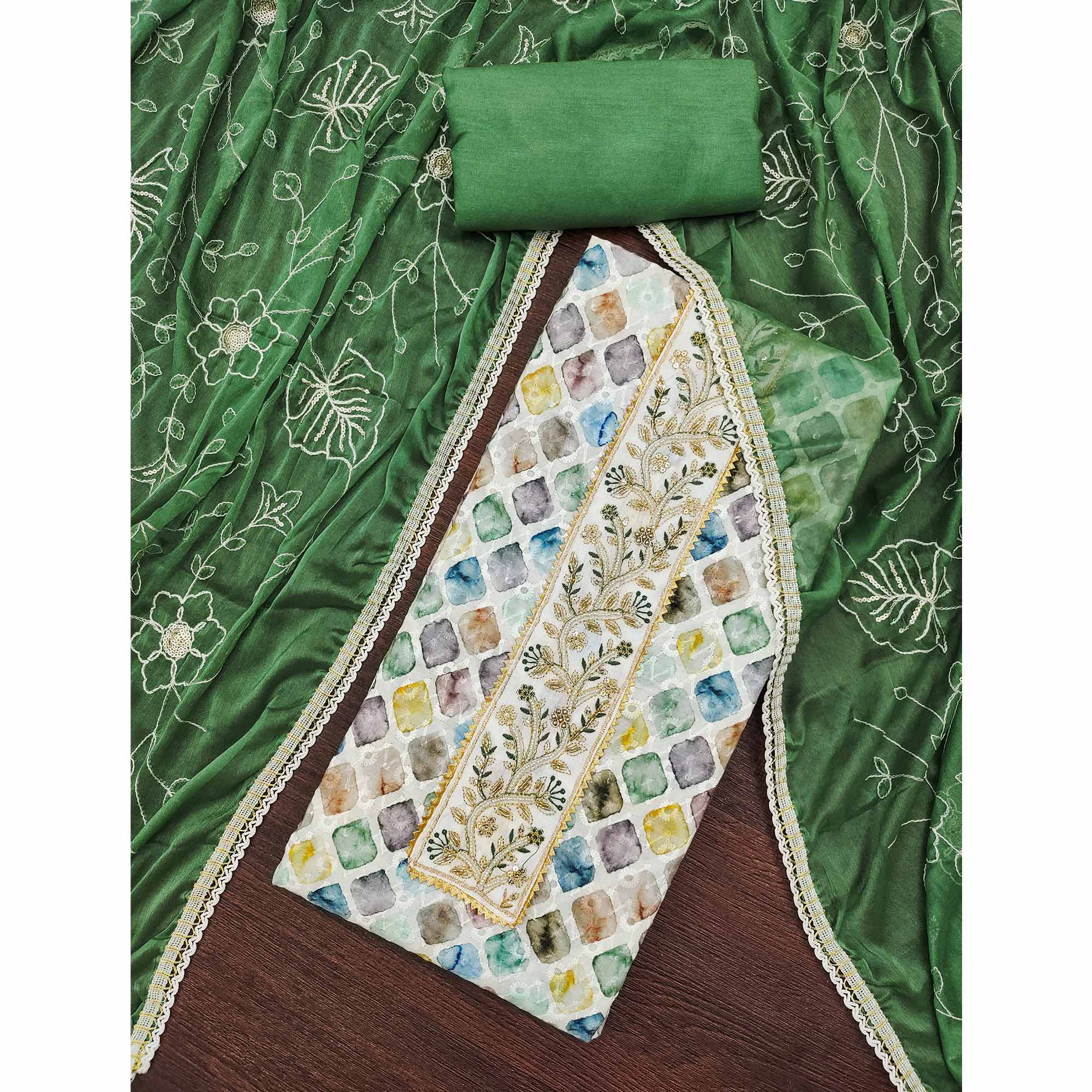 Green Digital Printed With Sequins Embroidery & Handwork Pure Cotton Dress Material - Image 3