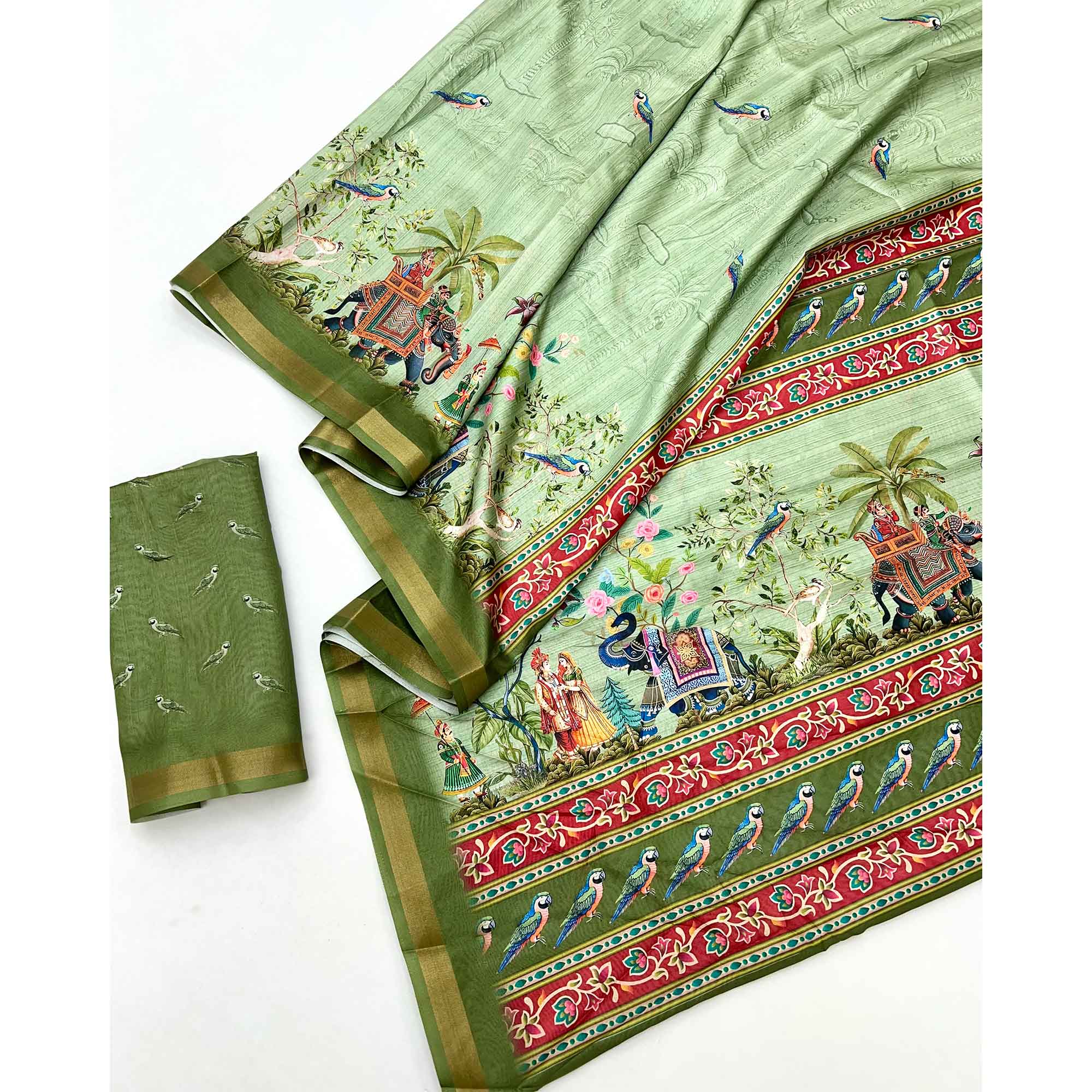 Green Dola Silk Saree With Majestic Elephant & Vibrant Peacock Digital Prints - Image 3