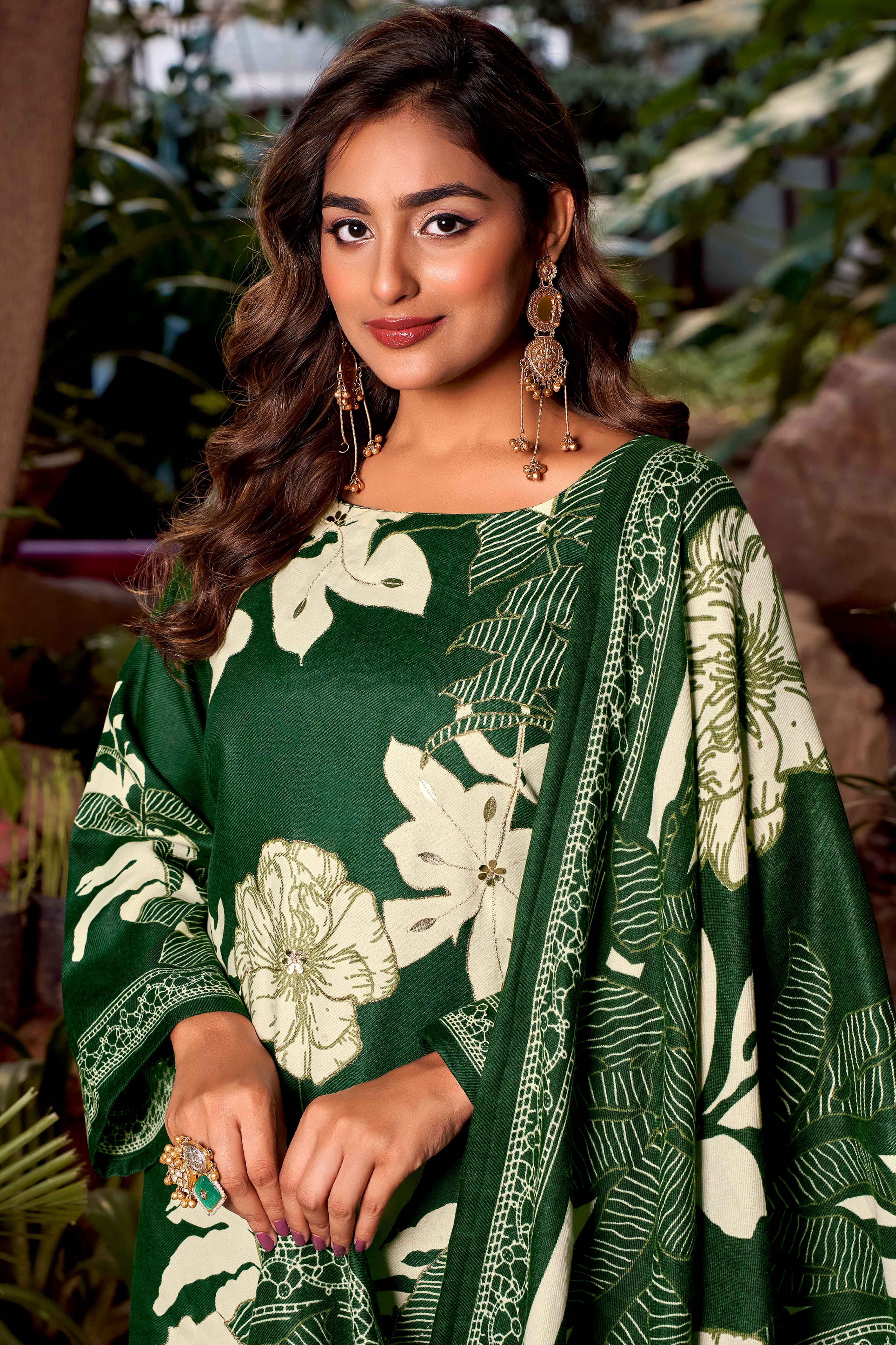 Green Elegant Floral Printed Pure Pashmina Dress Material for Winter Wear - Image 3