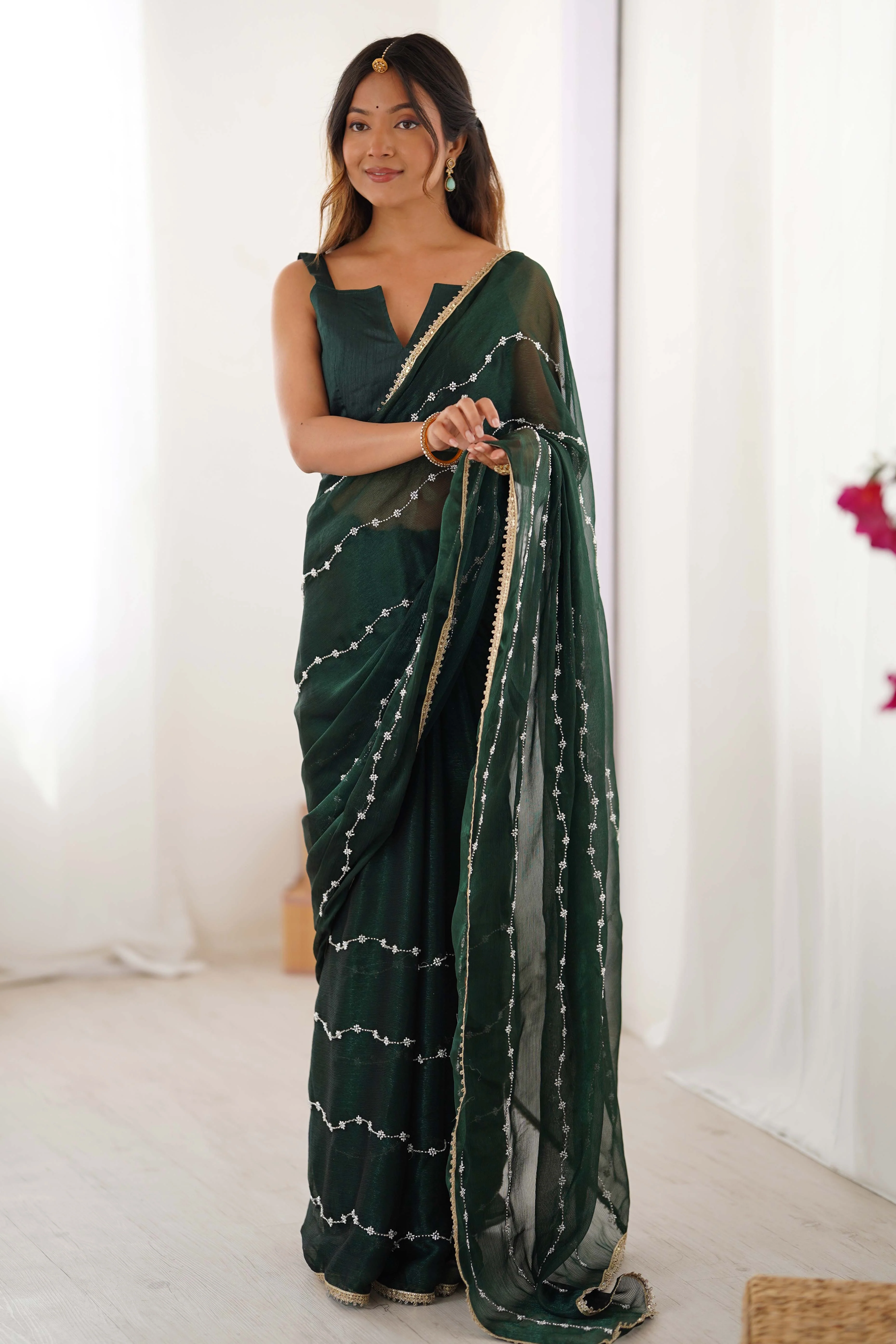 Green Embellished Organza Saree With Delicate Linear Beads & Stones detailing - Image 4