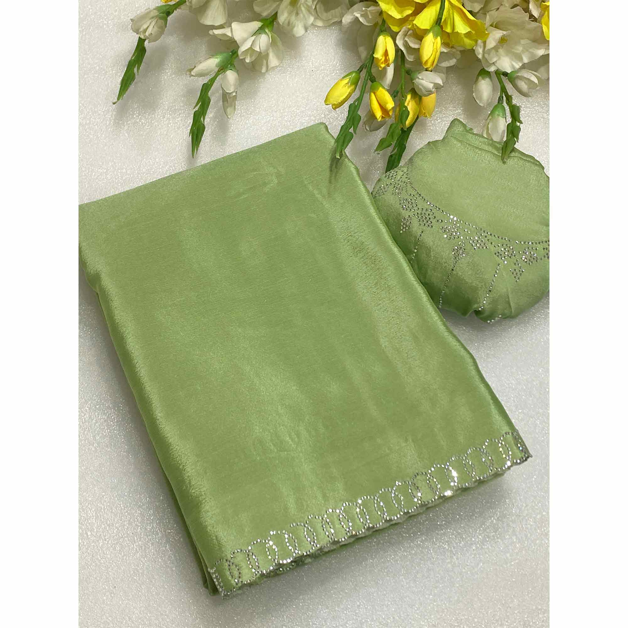 Green Embellished Silk Blend Saree Featuring Fine Swarovski Stone Detailing - Image 3