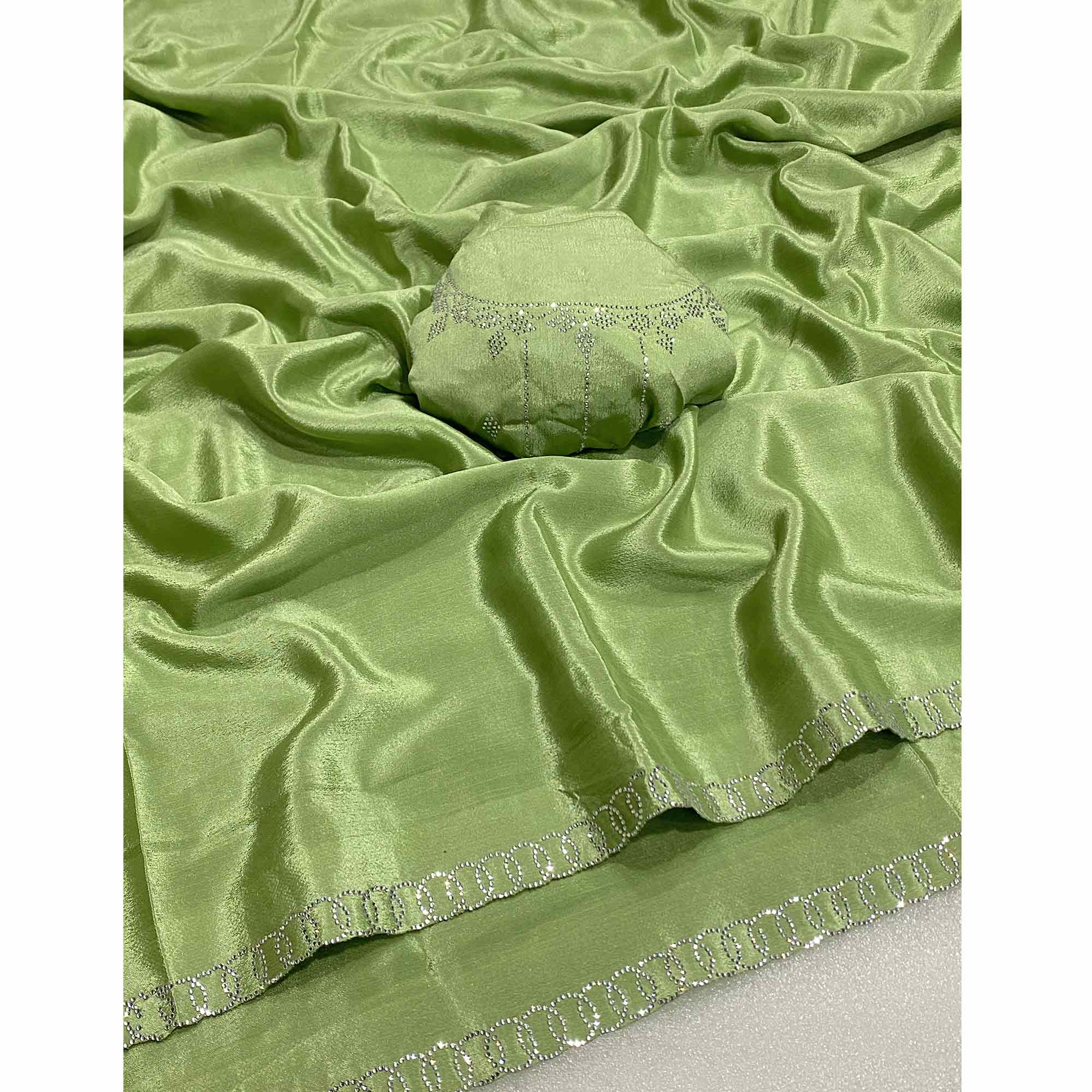 Green Embellished Silk Blend Saree Featuring Fine Swarovski Stone Detailing - Image 4